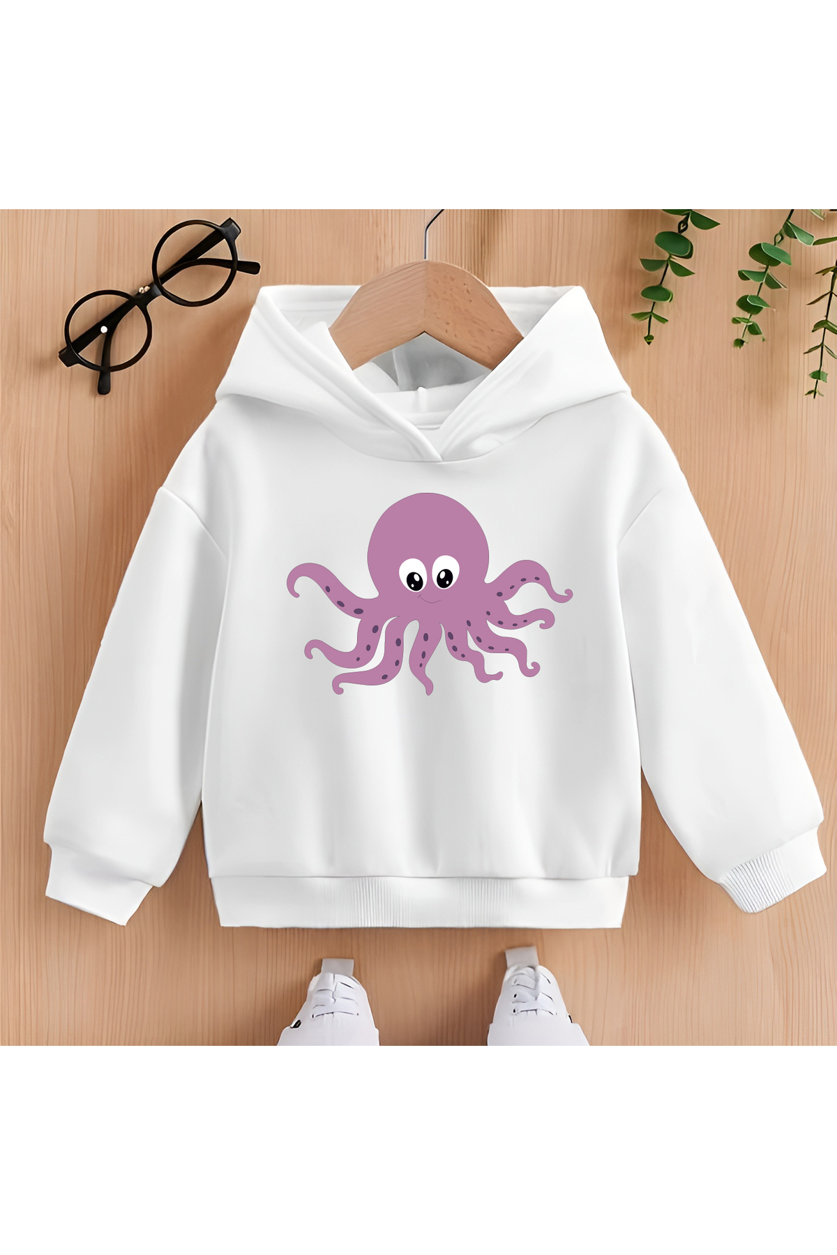 CDA Sevimli Mor Ahtapot Unisex Kız Erkek Bebek Beyaz Sweatshirt fotoğrafı 2 (önizleme)