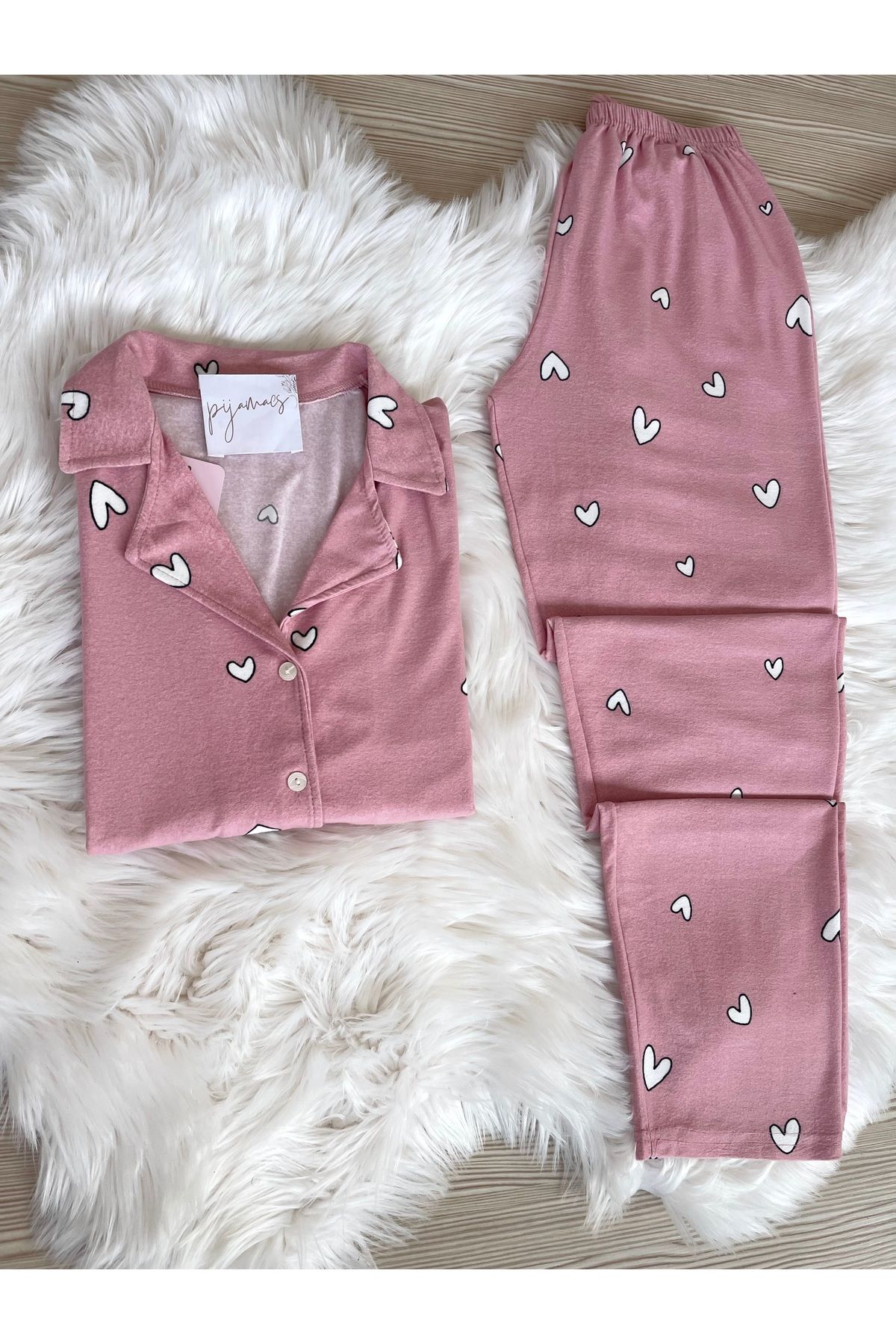 Pijamacs-Pink Heart Patterned Suede Shirt Collar Long Sleeve Pajama Set 2