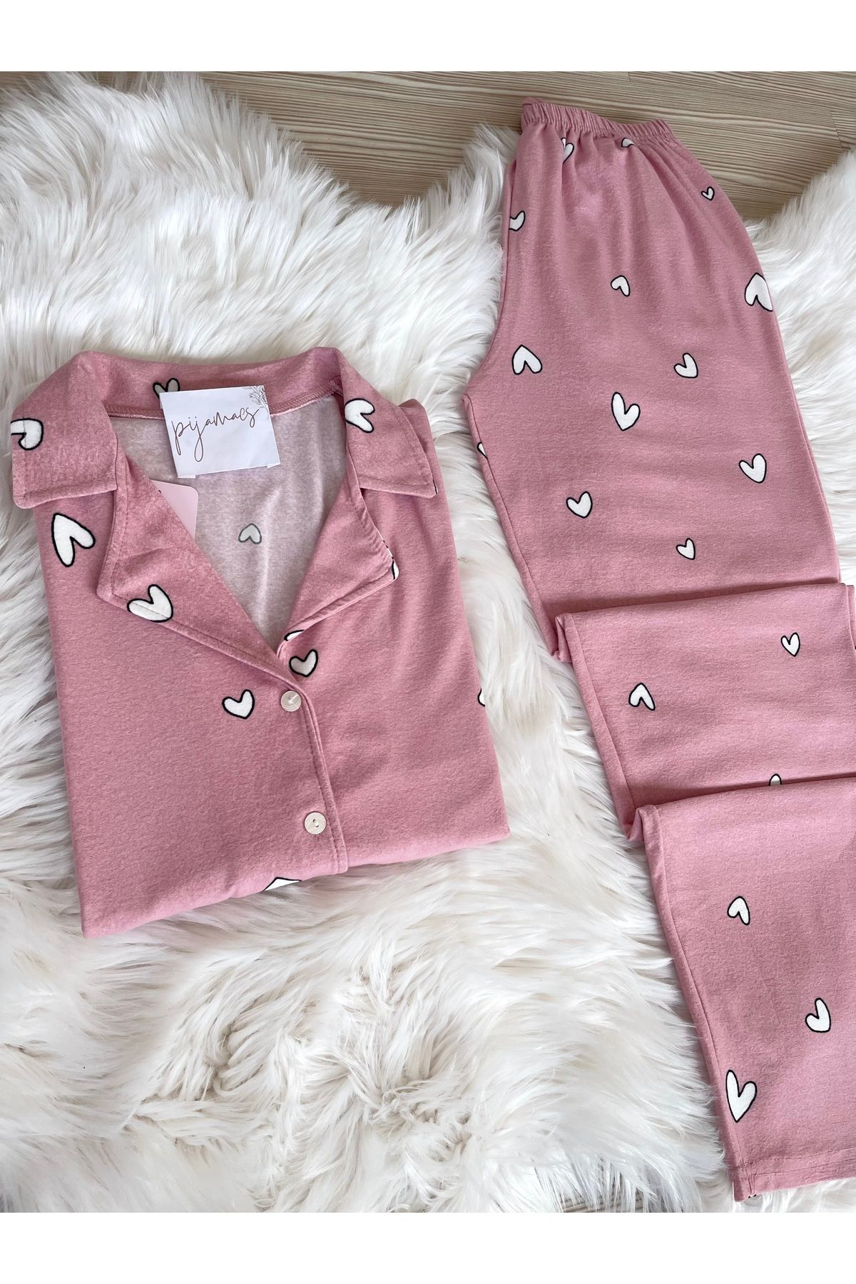 Pijamacs-Pink Heart Patterned Suede Shirt Collar Long Sleeve Pajama Set 3