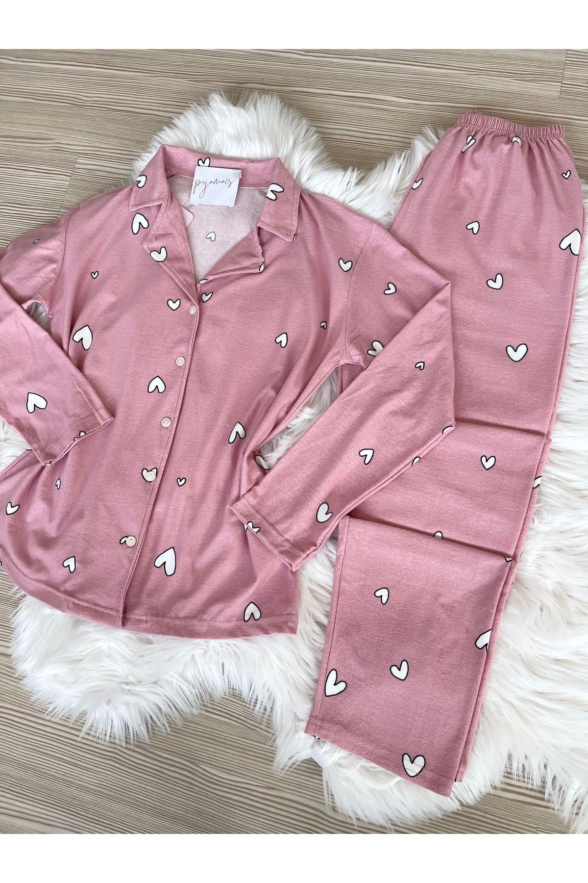 Pijamacs-Pink Heart Patterned Suede Shirt Collar Long Sleeve Pajama Set 7