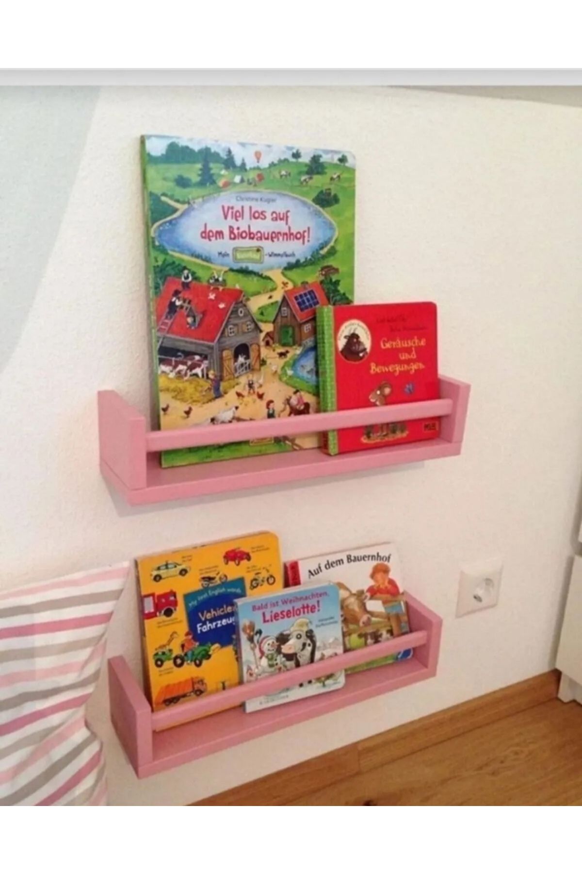 Pembe ahşap raf kitaplık Montessori çocuk odası aksesuar dekorasyon mobilya