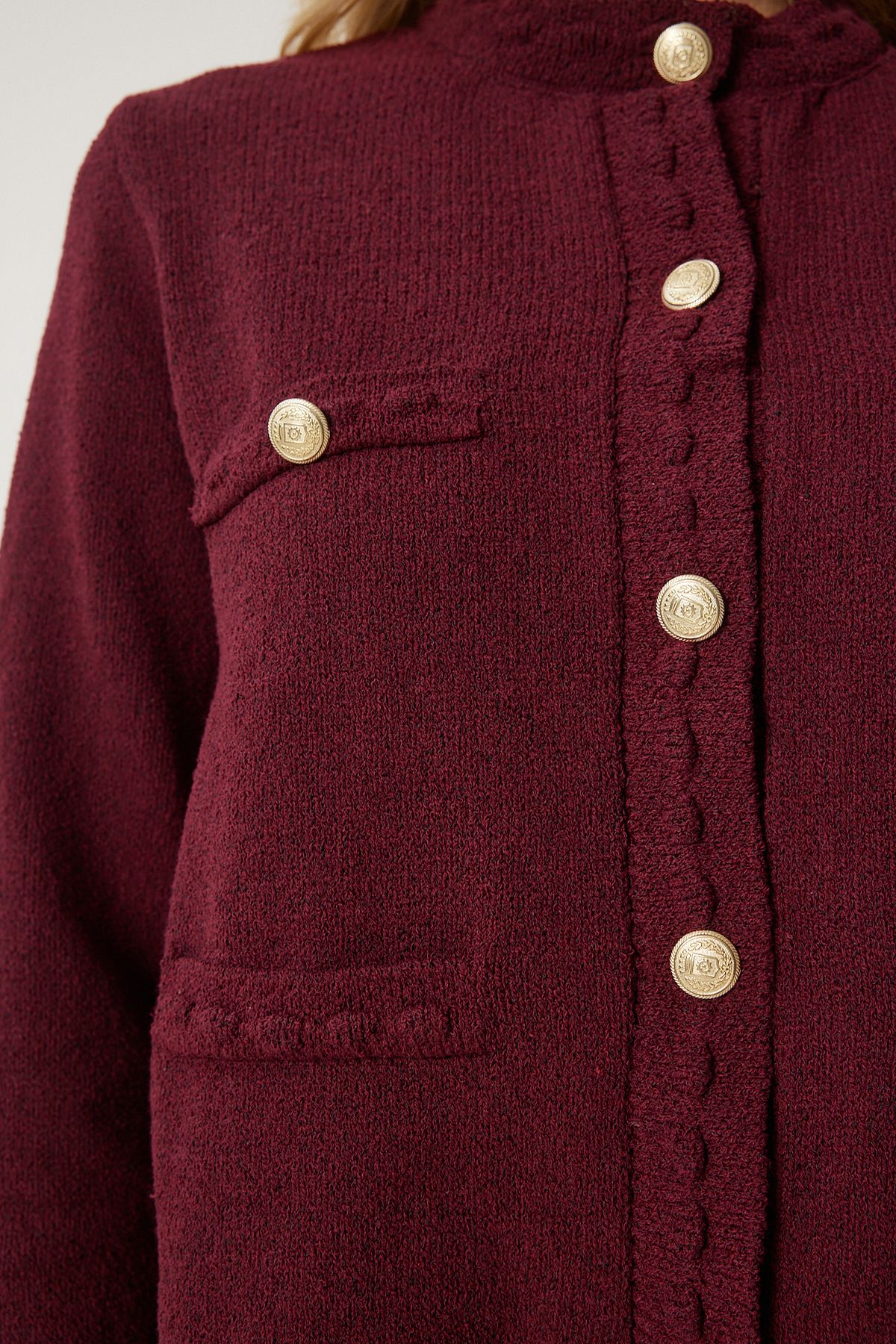 Lovelyİstanbul-Stylish Buttoned Textured Knitwear Cardigan Claret Red Ldp0009 5