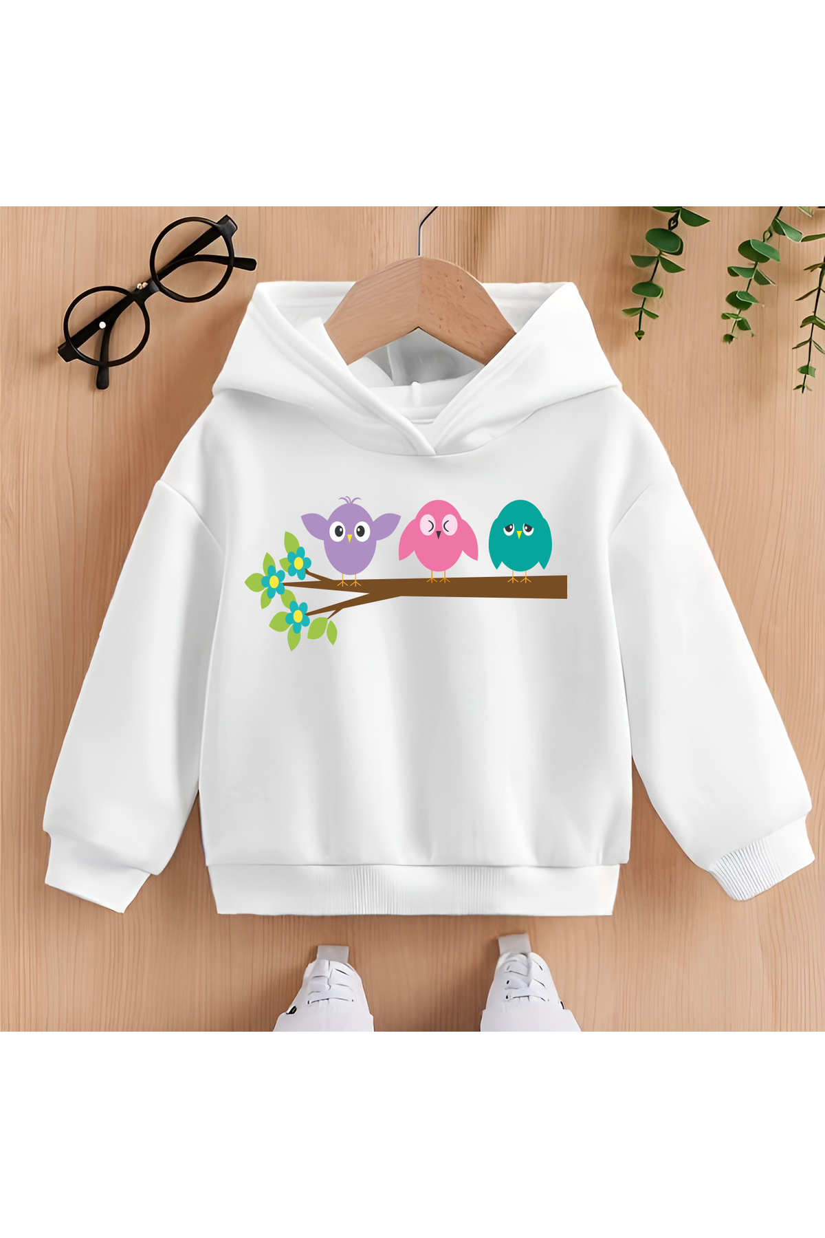 CDA Sevimli Daldaki Kuşlar Unisex Kız Erkek Bebek Beyaz Sweatshirt fotoğrafı 2 (önizleme)