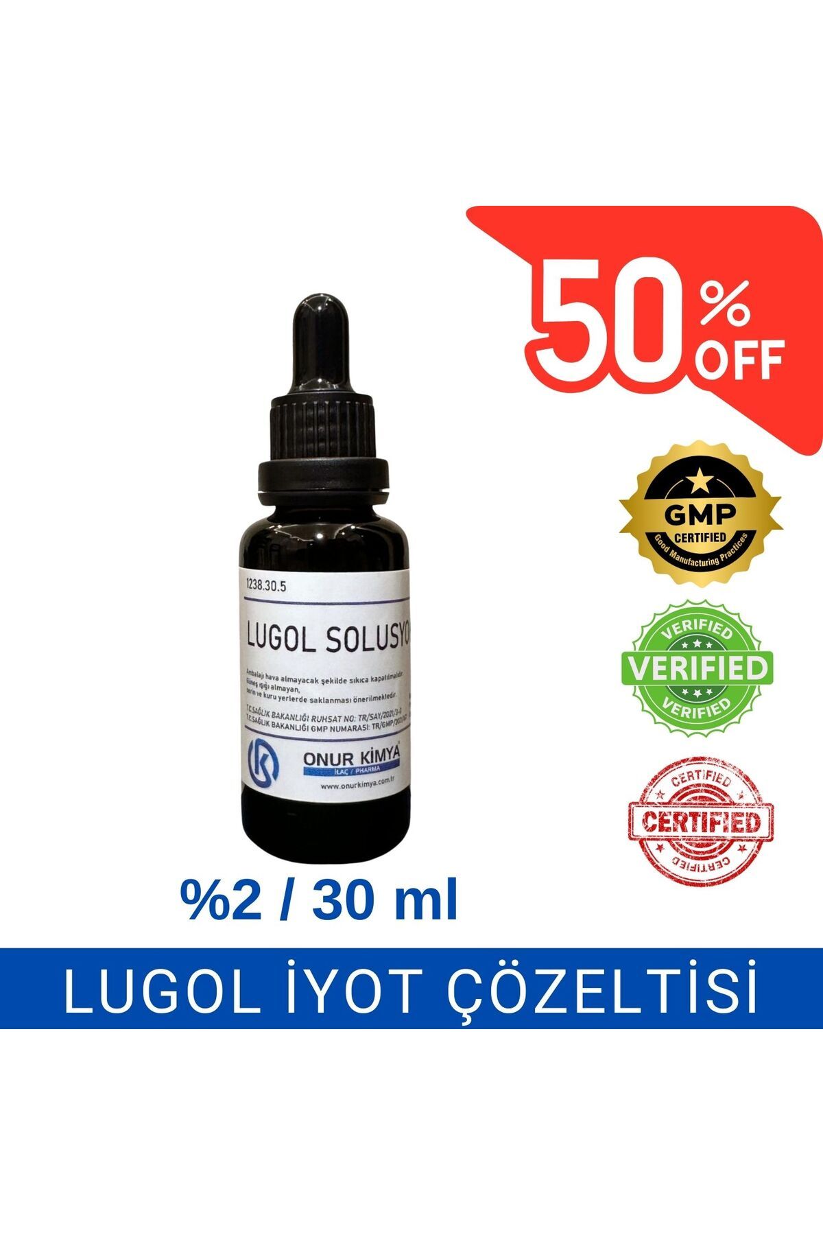 Onur Kimya İlaç / Pharma Lugol Iyot Solüsyonu %2 Lik / 30 ml / Damlalıklı / Lugol Çözeltisi