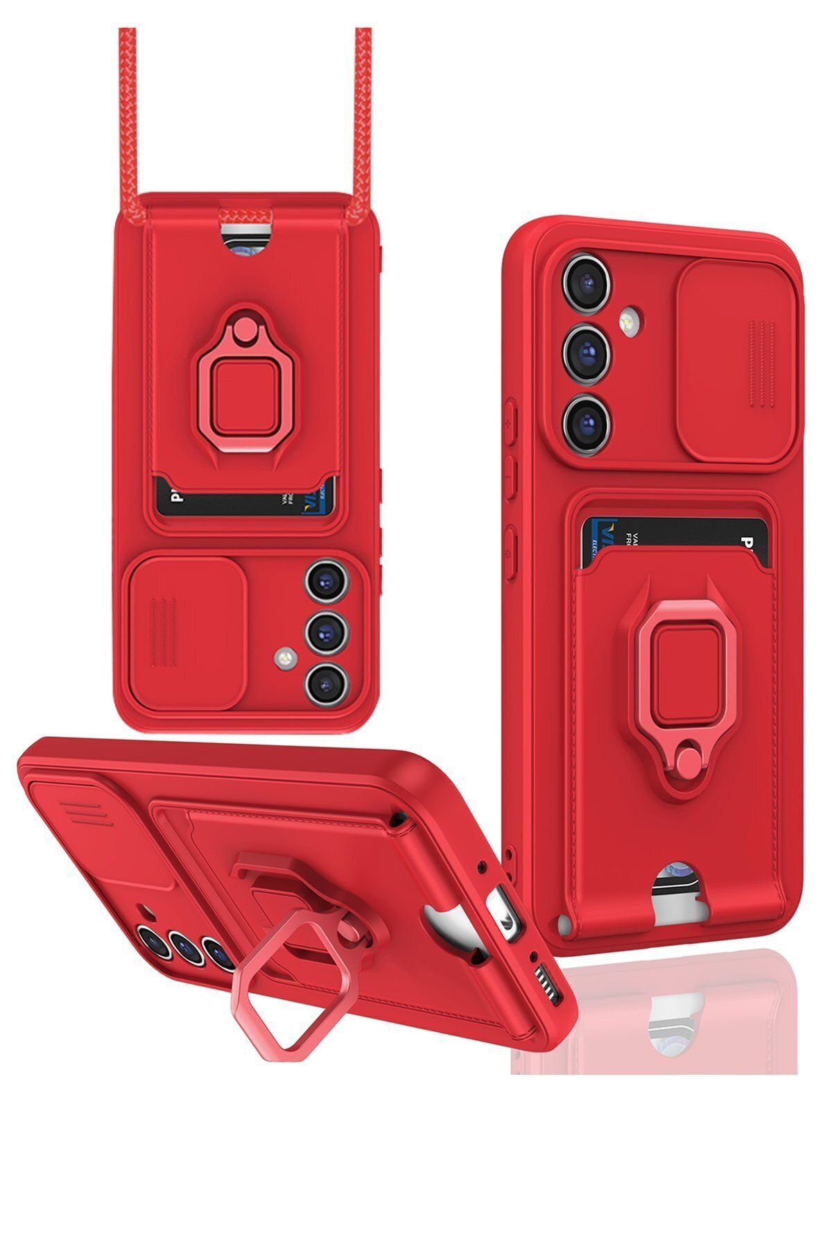 cepmoda Samsung Galaxy A54 (5G) Askı İpli Telefon Kılıfı – Kartlık, Stand, Kamera Koruma – KIRMIZI