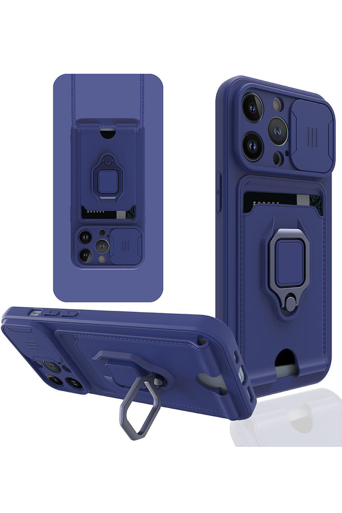 cepmoda iPhone 13 PRO MAX Askı İpli Telefon Kılıfı – Kartlık, Stand, Kamera Koruma – LACİVERT