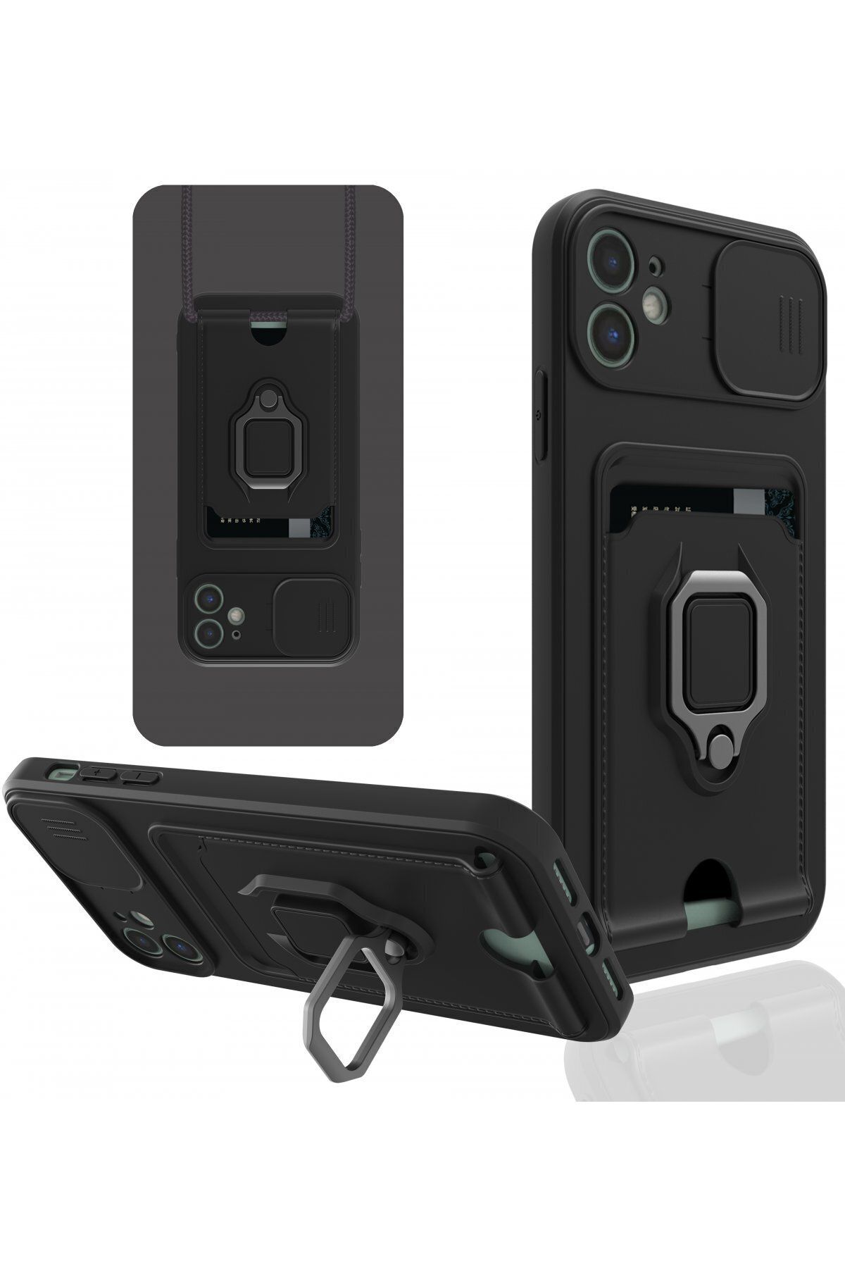 cepmoda iPhone 11 - iP Askılı Kamera Sürgülü Neck Rope Çok Amaç Kılıf/Kapak - SİYAH