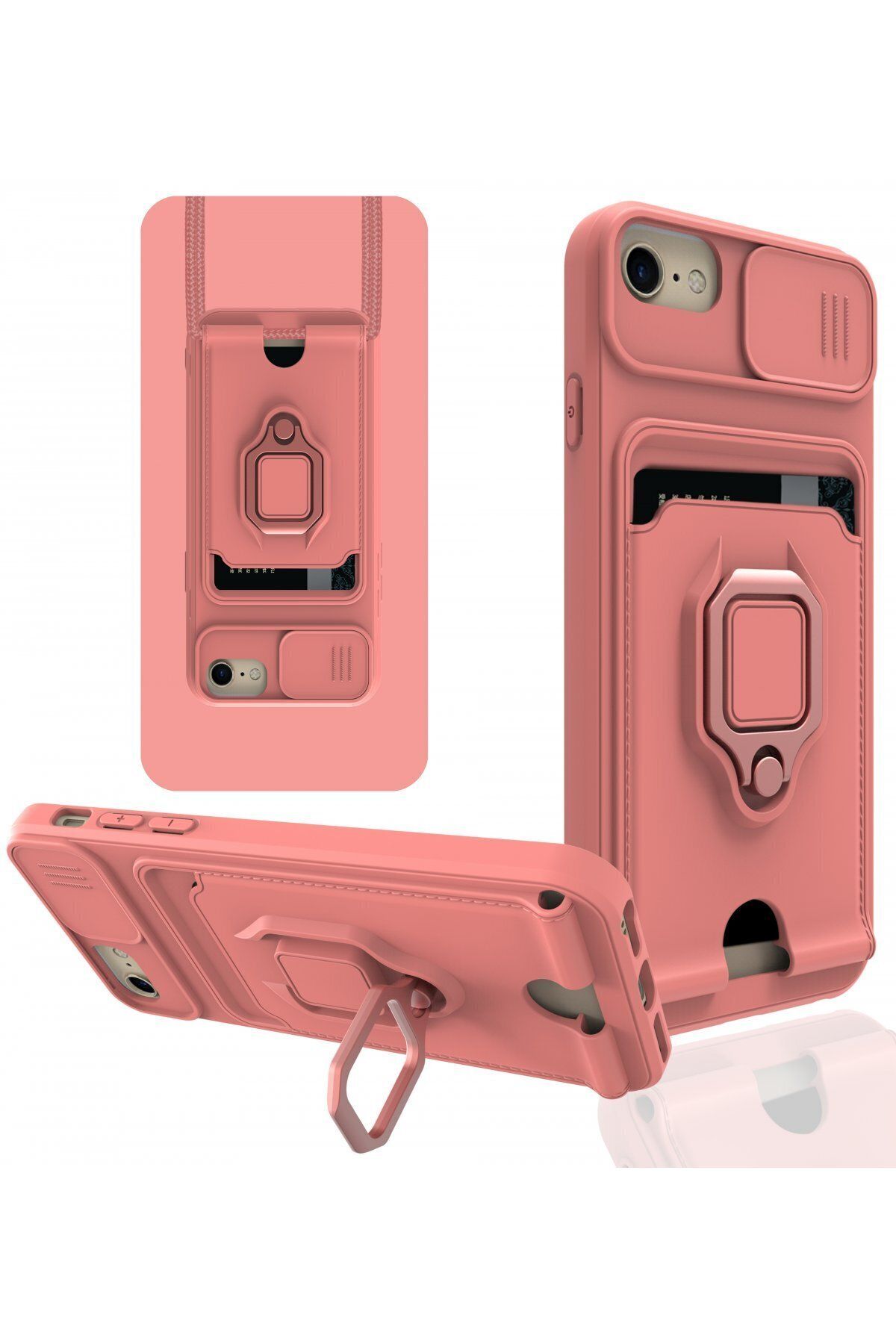 cepmoda iPhone 7 - iP Askılı Kamera Sürgülü Neck Rope Çok Amaç Kılıf/Kapak - PEMBE