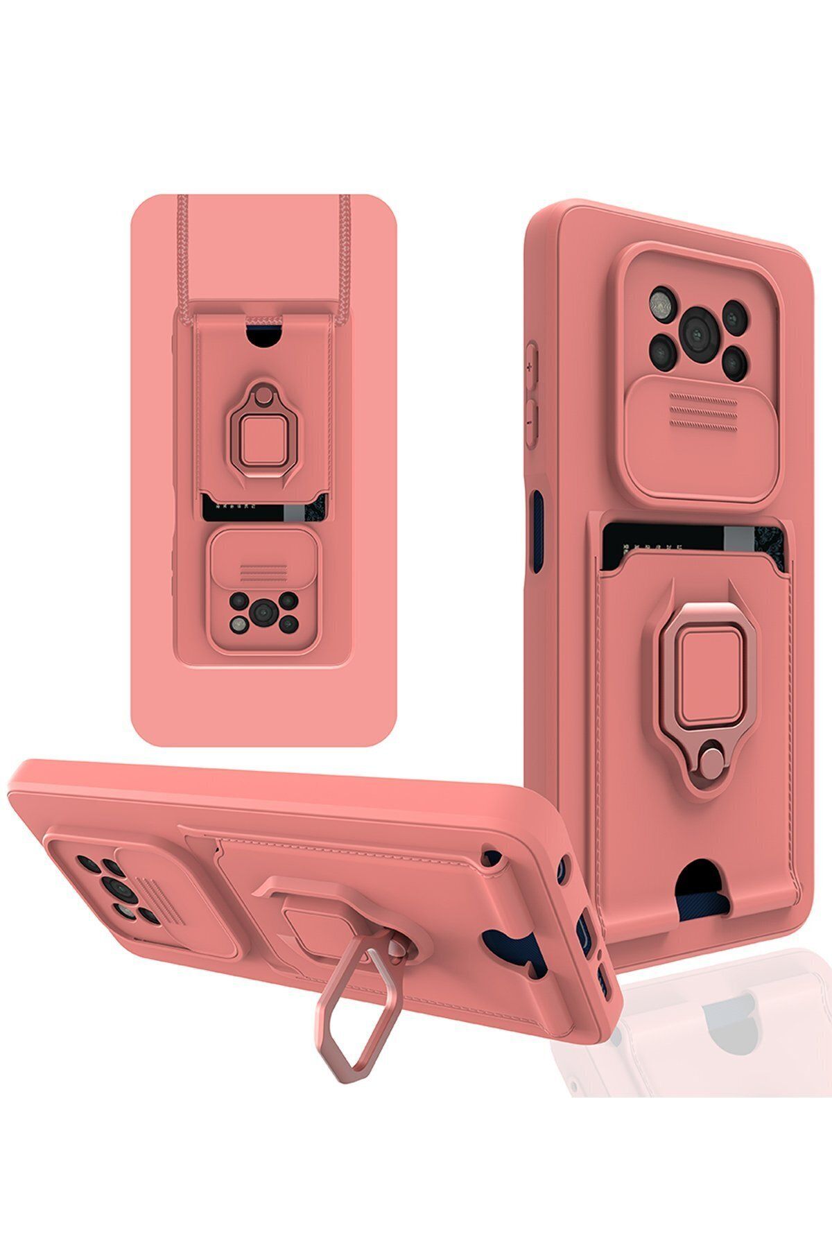 cepmoda Xiaomi POCO X3 Askı İpli Telefon Kılıfı – Kartlık, Stand, Kamera Koruma – PEMBE