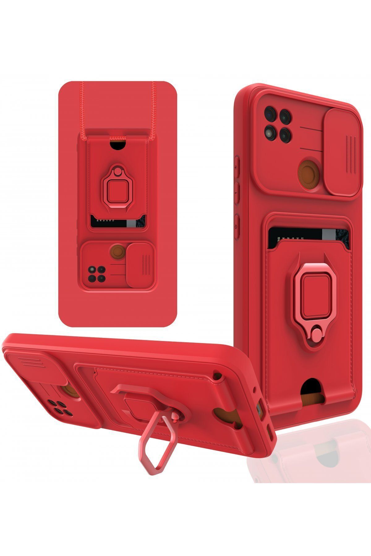 cepmoda Xiaomi REDMİ 9C Askı İpli Telefon Kılıfı – Kartlık, Stand, Kamera Koruma – KIRMIZI