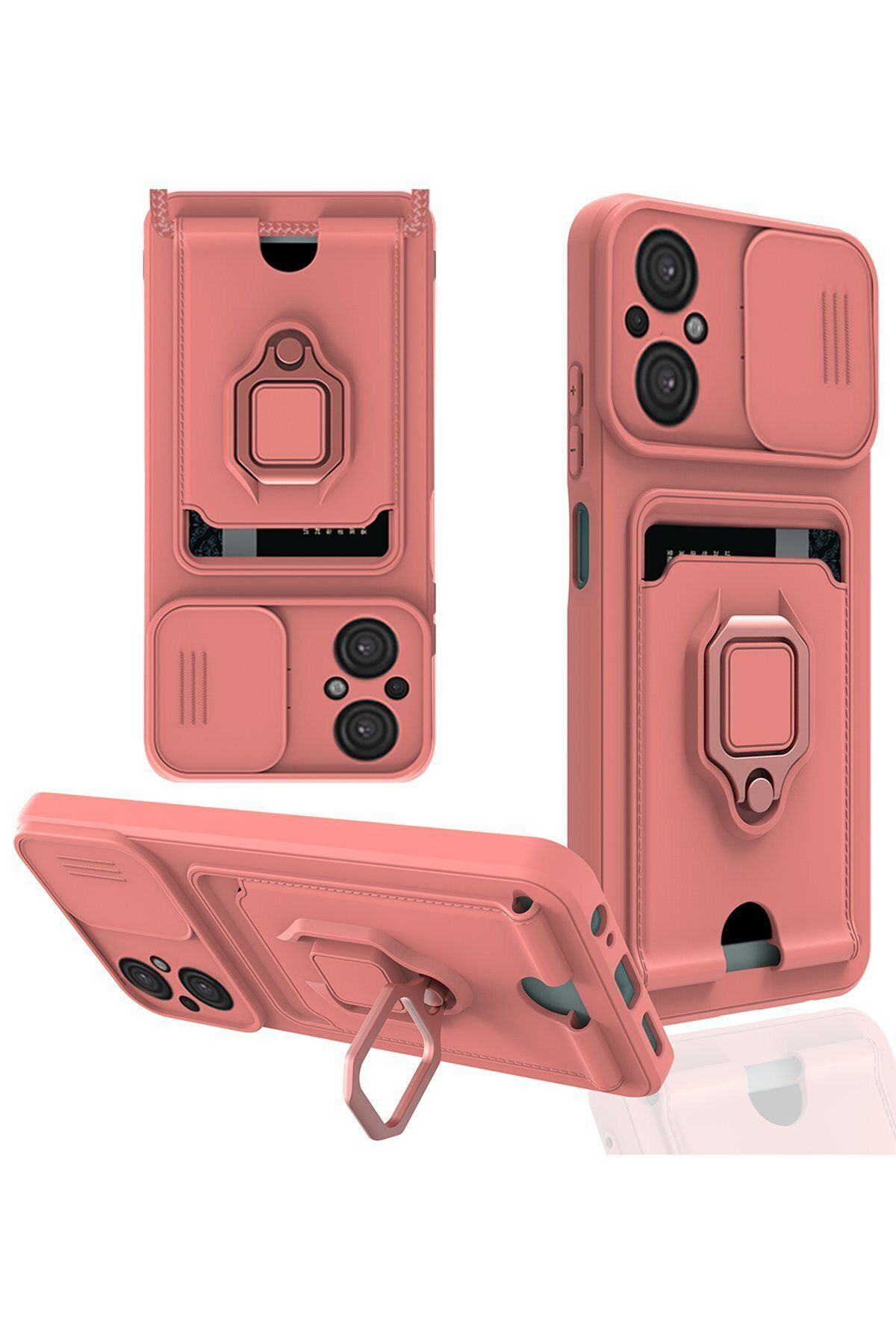 cepmoda Xiaomi POCO M5 Askı İpli Telefon Kılıfı – Kartlık, Stand, Kamera Koruma – PEMBE