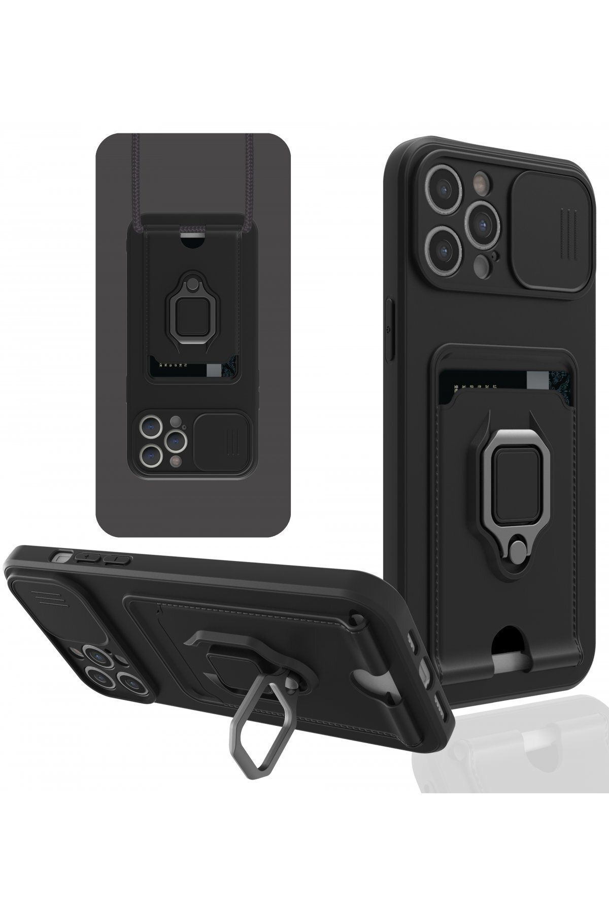 cepmoda iPhone 12 PRO Askı İpli Telefon Kılıfı – Kartlık, Stand, Kamera Koruma – SİYAH