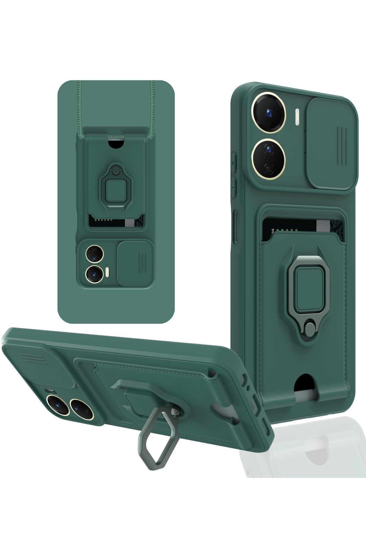cepmoda Vivo Y16 Askı İpli Telefon Kılıfı – Kartlık, Stand, Kamera Koruma – YEŞİL