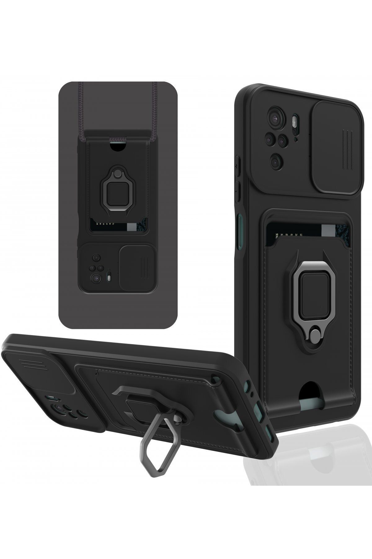 cepmoda Xiaomi POCO M5s Askı İpli Telefon Kılıfı – Kartlık, Stand, Kamera Koruma – SİYAH