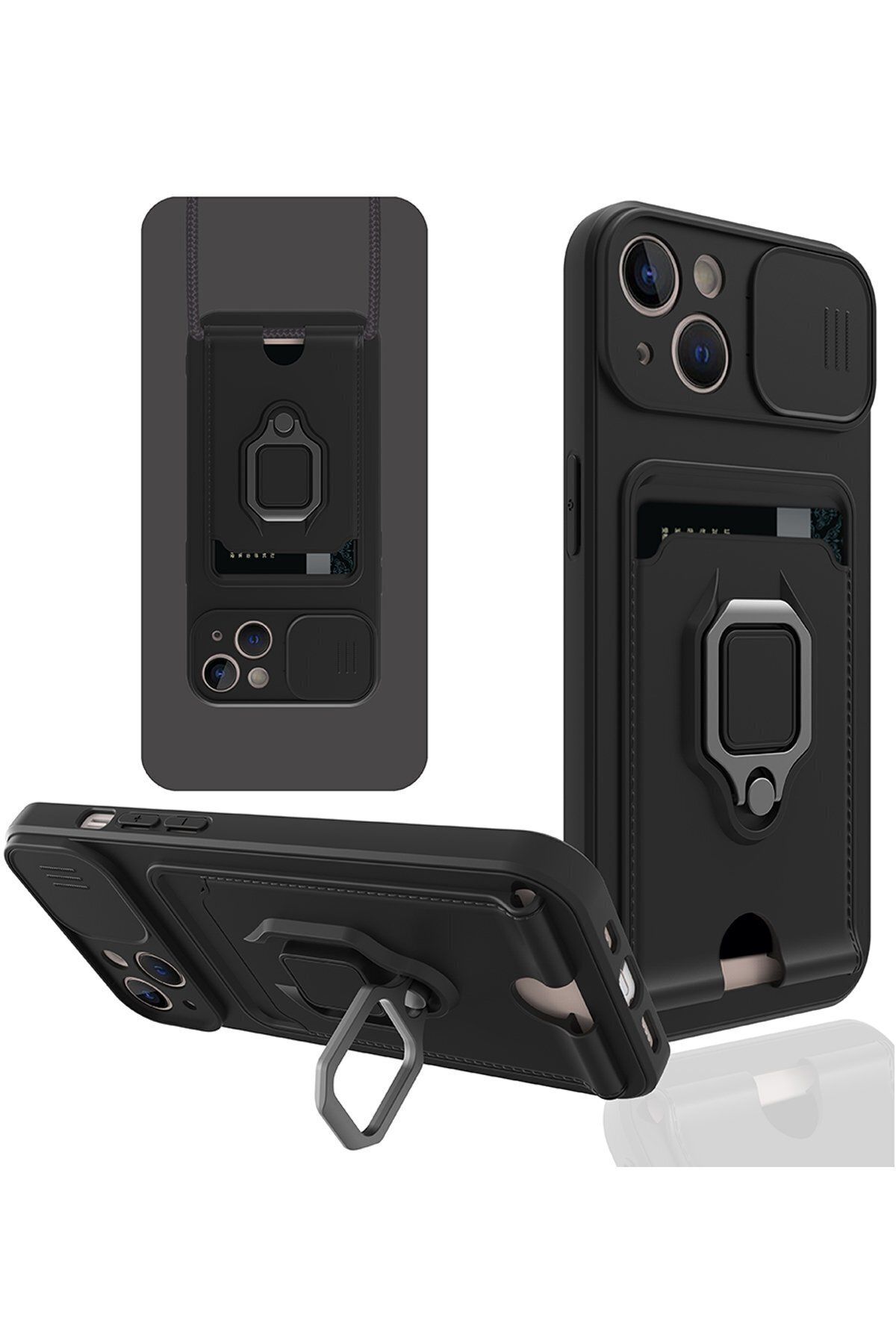 cepmoda iPhone 14 PLUS Askı İpli Telefon Kılıfı – Kartlık, Stand, Kamera Koruma – SİYAH