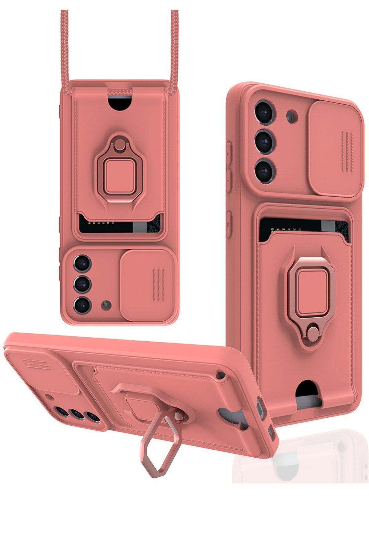 cepmoda Samsung Galaxy S21 FE Askı İpli Telefon Kılıfı – Kartlık, Stand, Kamera Koruma – PEMBE