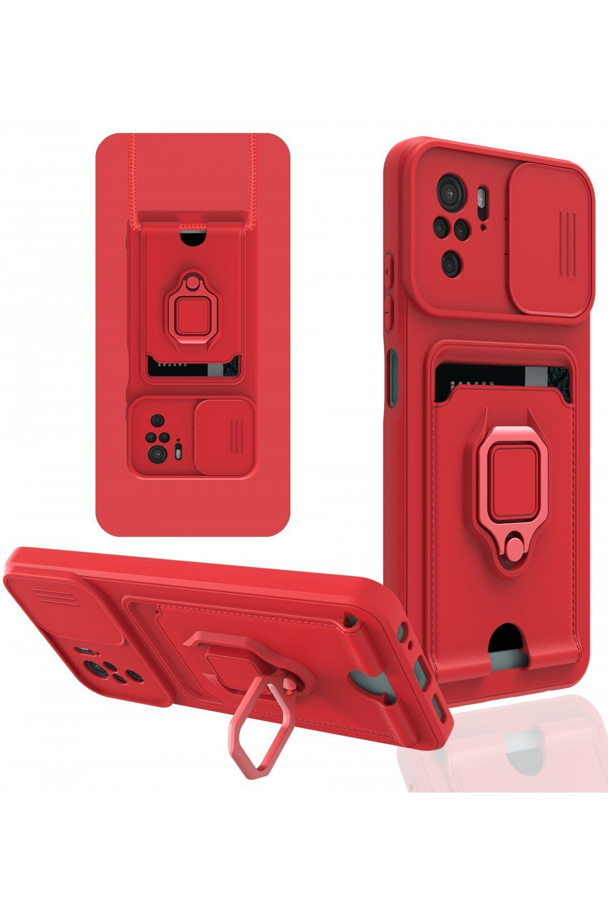 cepmoda Xiaomi REDMİ NOTE 10 Askı İpli Telefon Kılıfı – Kartlık, Stand, Kamera Koruma – KIRMIZI