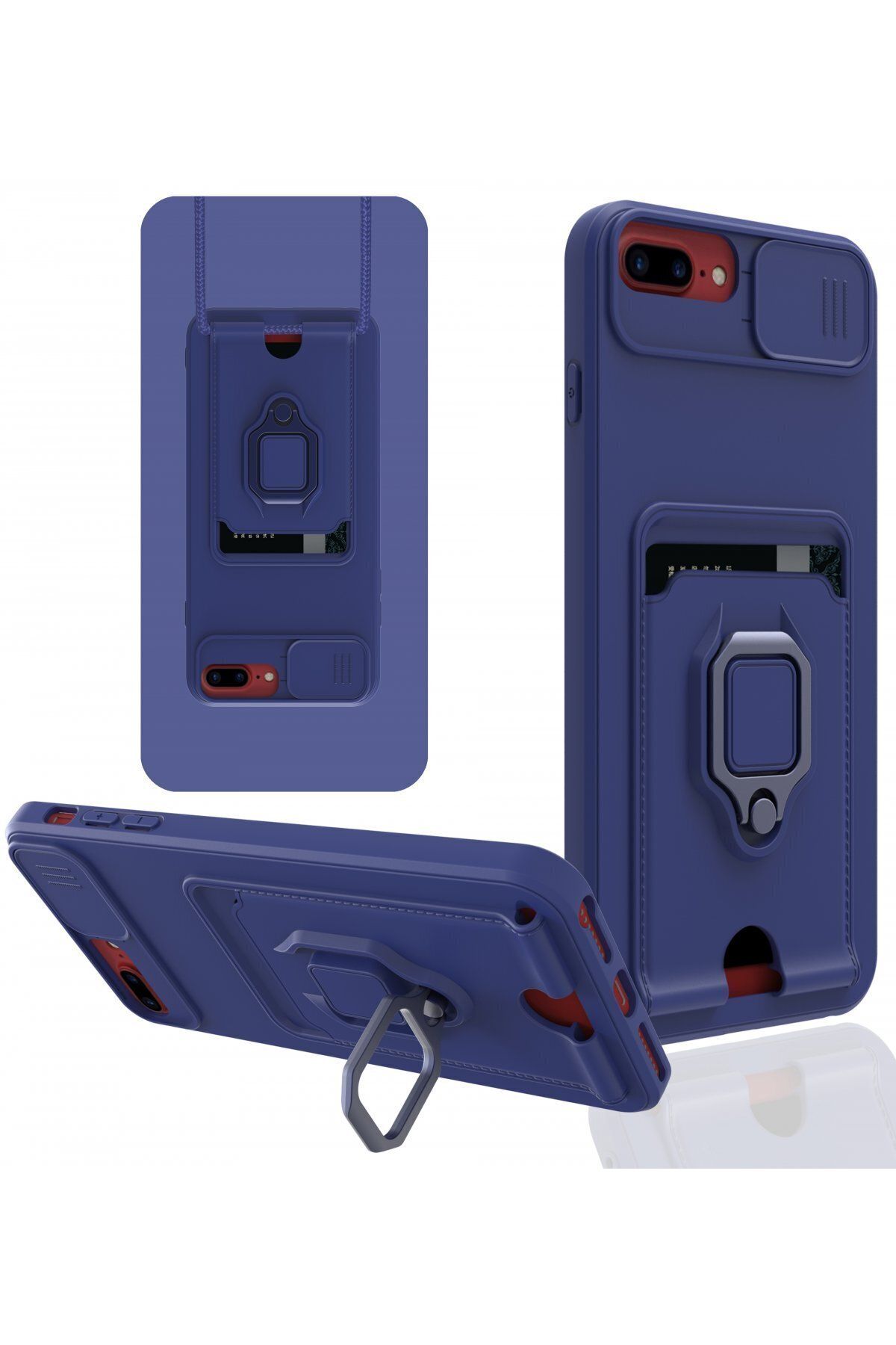 cepmoda iPhone 8 PLUS - iP Askılı Kamera Sürgülü Neck Rope Çok Amaç Kılıf/Kapak - LACİVERT