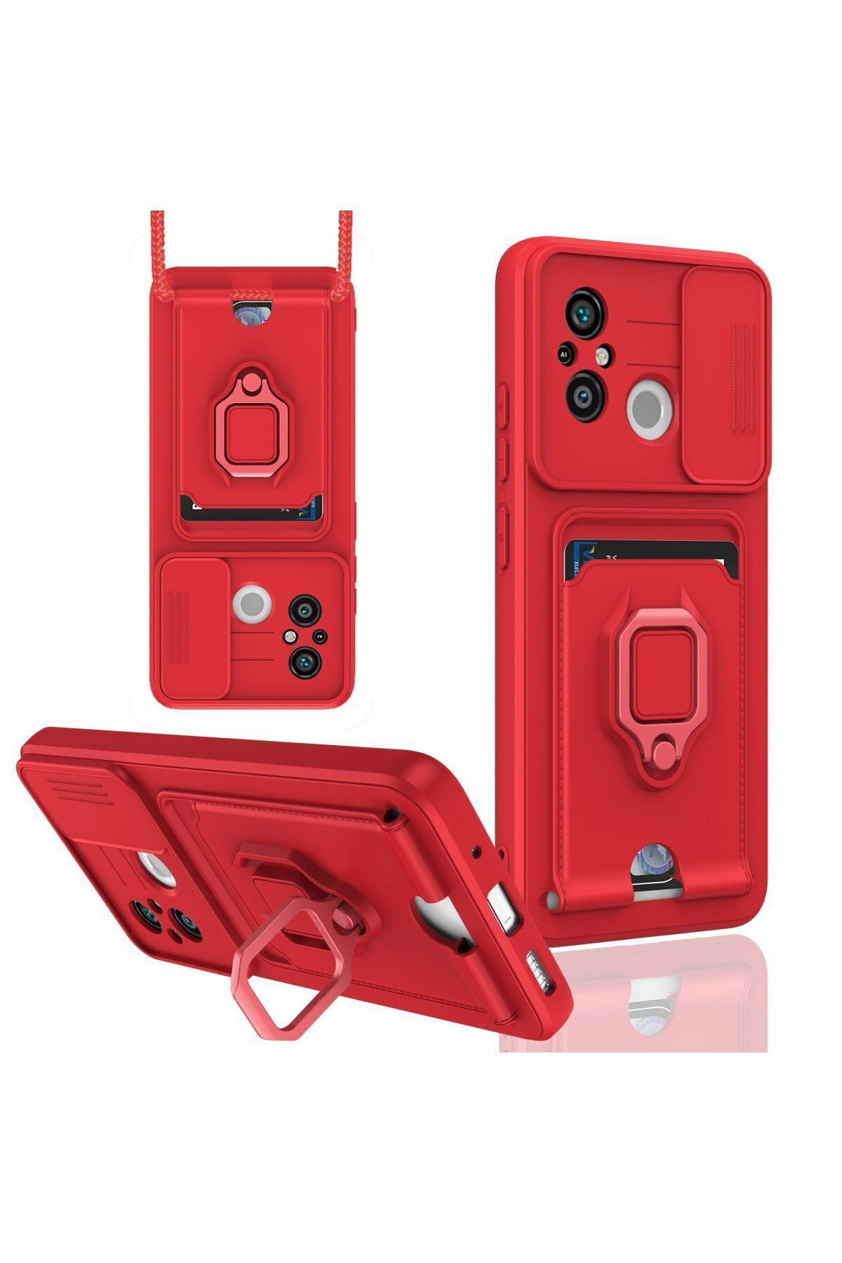 cepmoda Xiaomi REDMİ 12C Askı İpli Telefon Kılıfı – Kartlık, Stand, Kamera Koruma – KIRMIZI