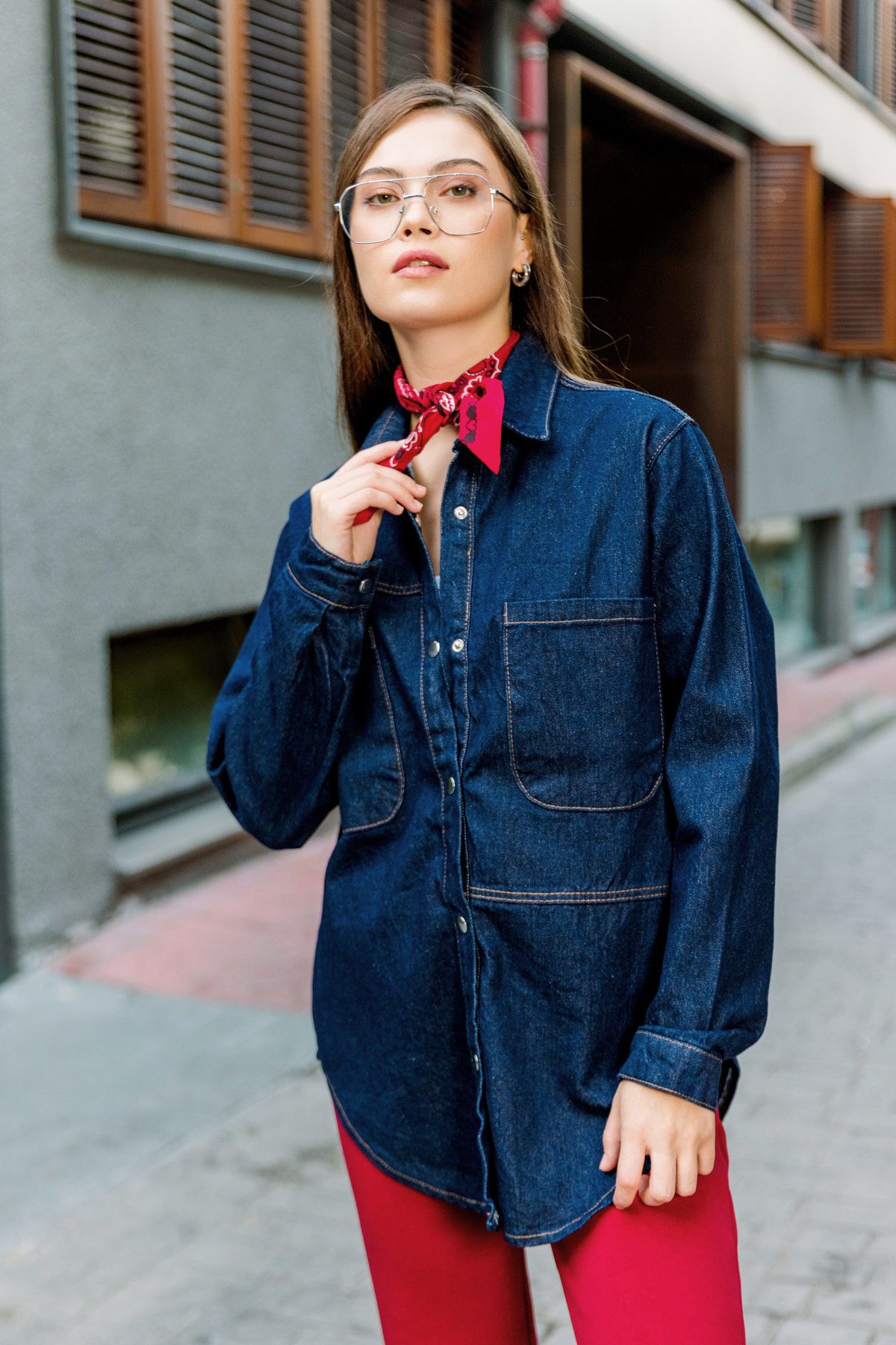 Maule-Blue Jeans Jacket - 100% Cotton Raw Denim with Snap Fastener and Double Pockets, Women's Coat @Messina 1