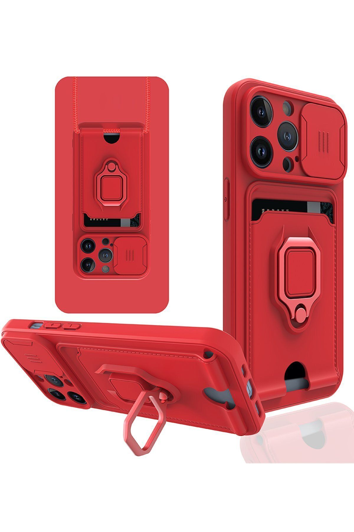 cepmoda iPhone 13 PRO MAX Askı İpli Telefon Kılıfı – Kartlık, Stand, Kamera Koruma – KIRMIZI