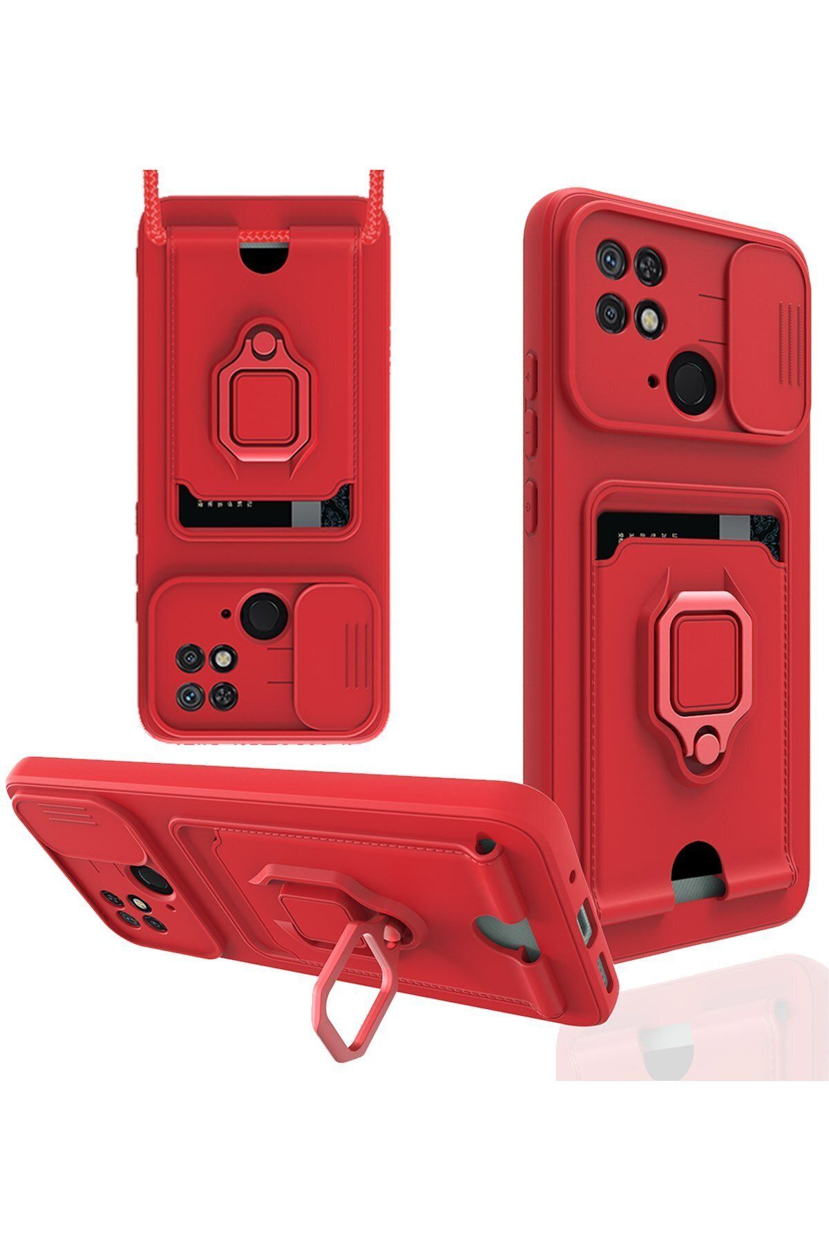 cepmoda Xiaomi REDMİ 10C Askı İpli Telefon Kılıfı – Kartlık, Stand, Kamera Koruma – KIRMIZI