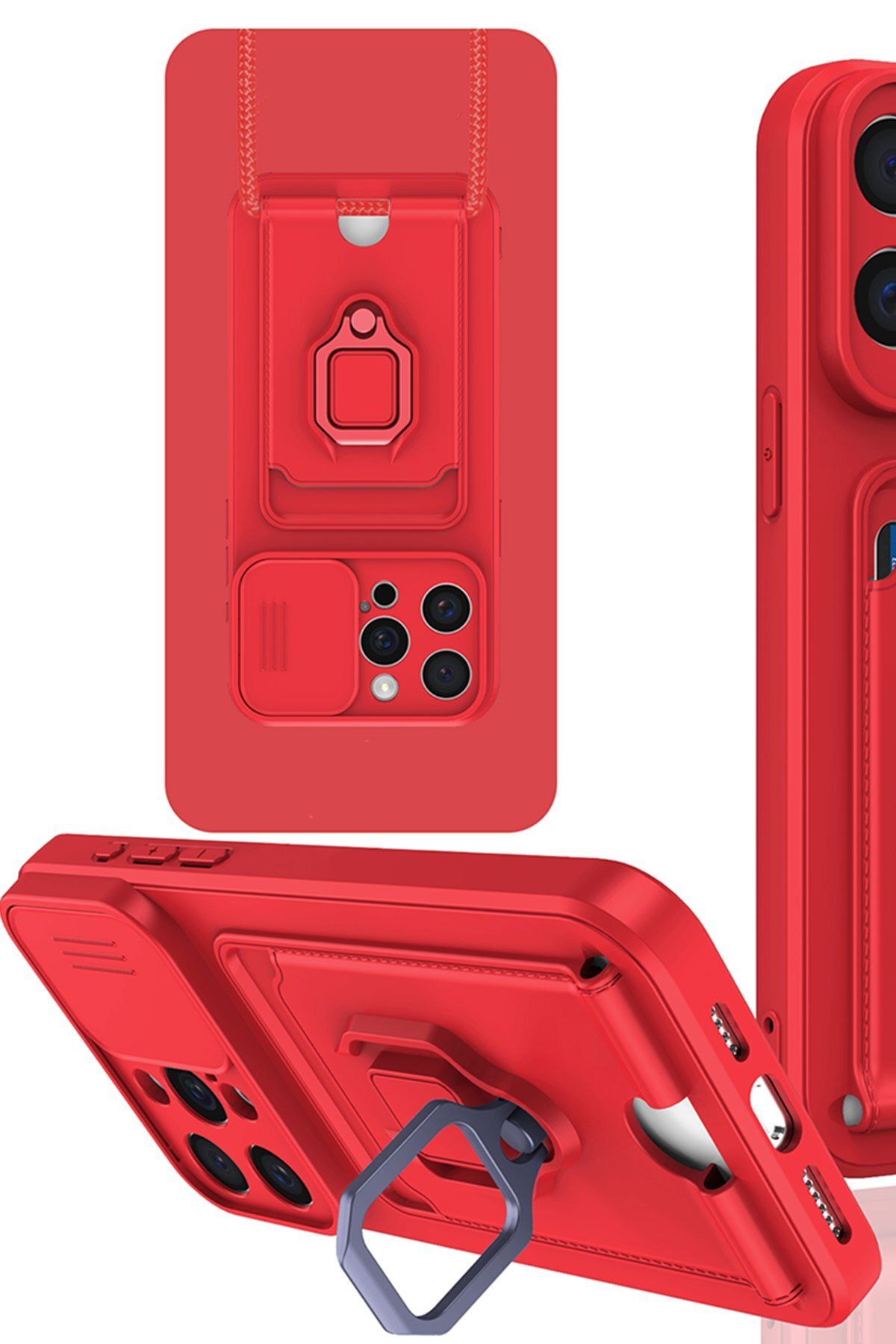 cepmoda iPhone 16 PRO MAX Askı İpli Telefon Kılıfı – Kartlık, Stand, Kamera Koruma – KIRMIZI
