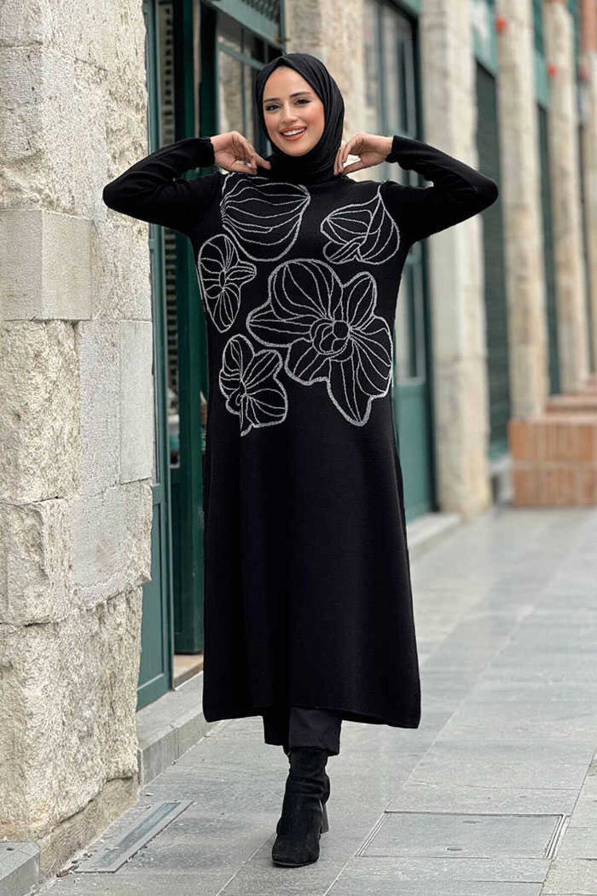 Bym Fashion-Glittered Flower Embroidery Detailed Knitwear Tunic 18191 Black Silver 1