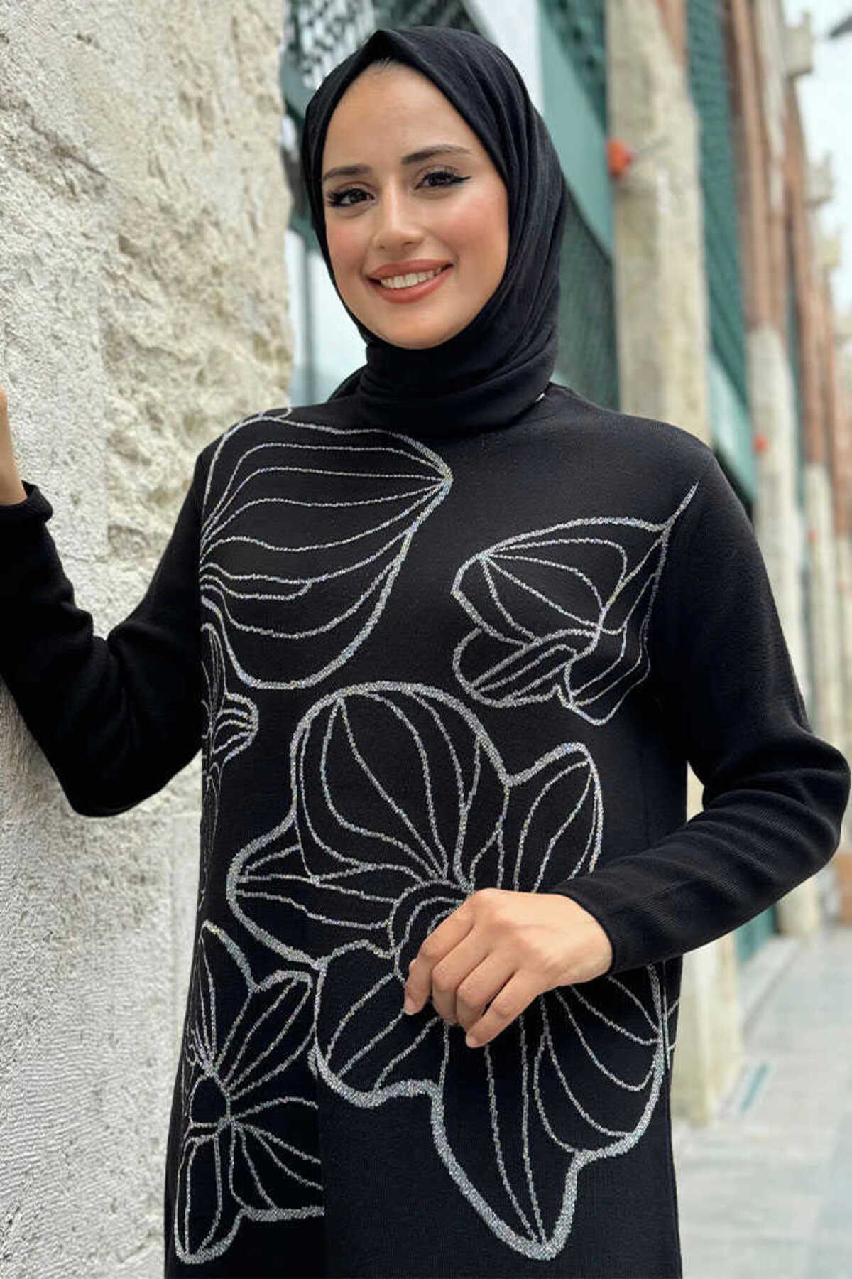 Bym Fashion-Glittered Flower Embroidery Detailed Knitwear Tunic 18191 Black Silver 4