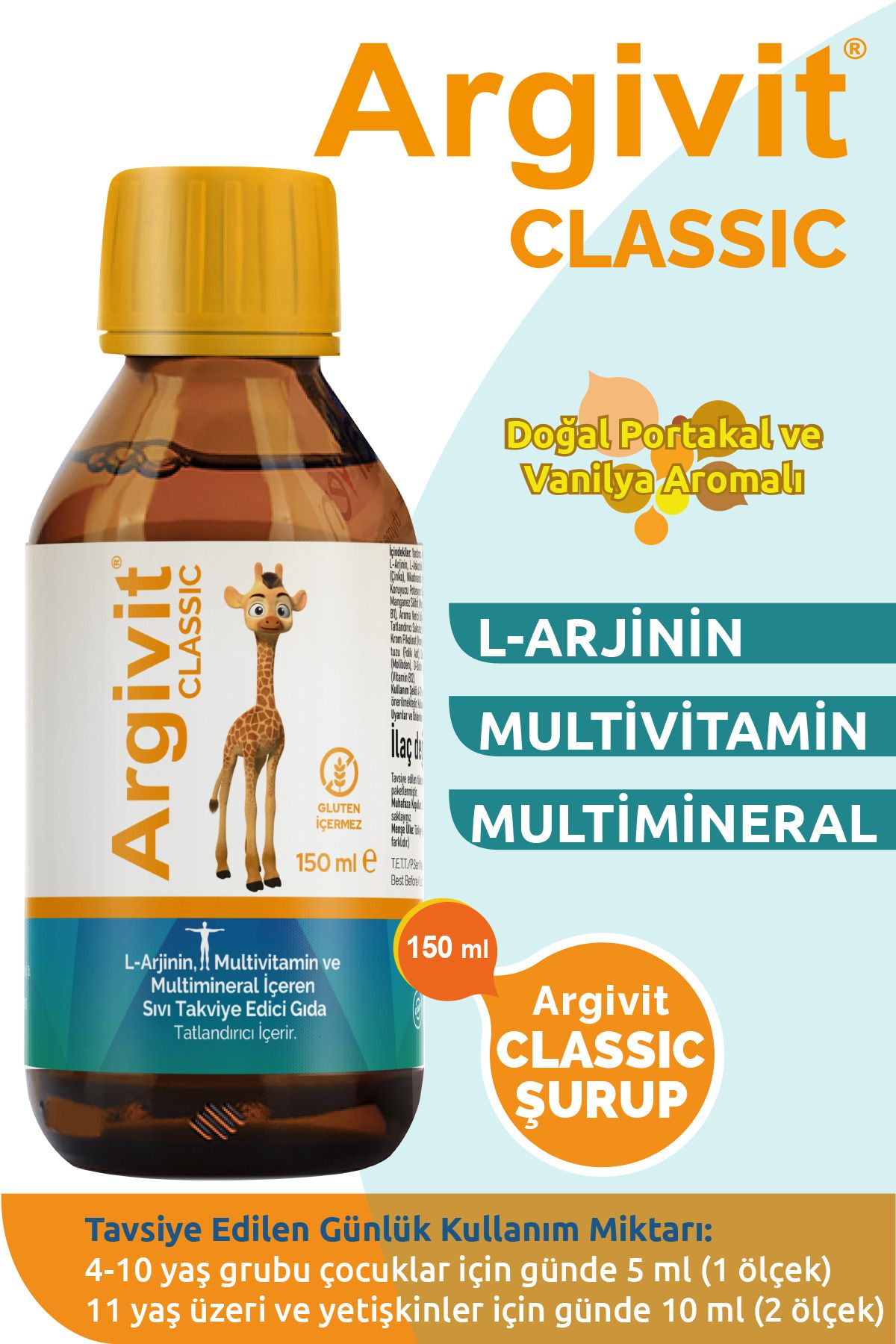 Argivit Classic L-arginin, Multivitamin, Multimineral Şurup 150 ml - Doğal Portakal Ve Vanilya Aromalı