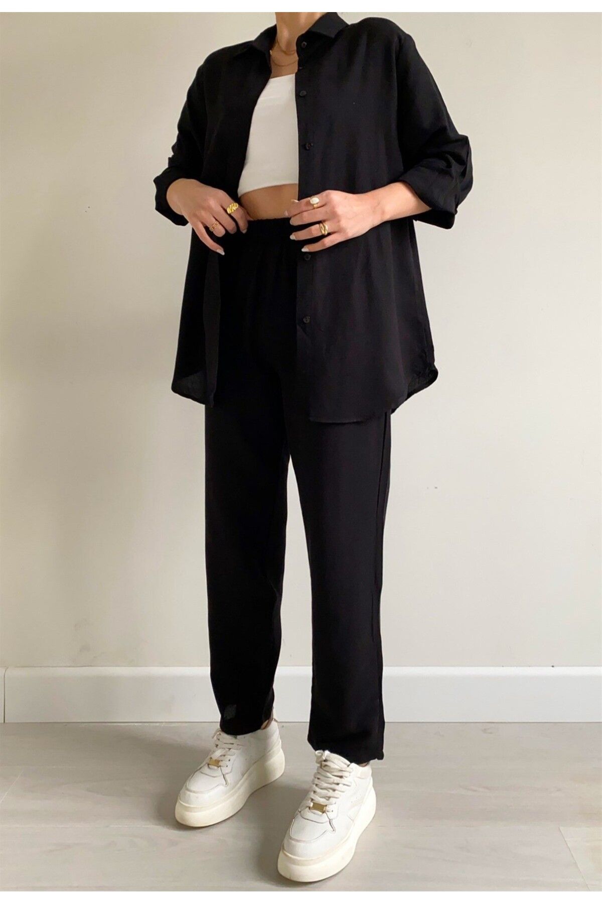 Toridas-Linen Casual Two Pieces Set - Barbora Dress, Pants and Shirt Ln21black1 4