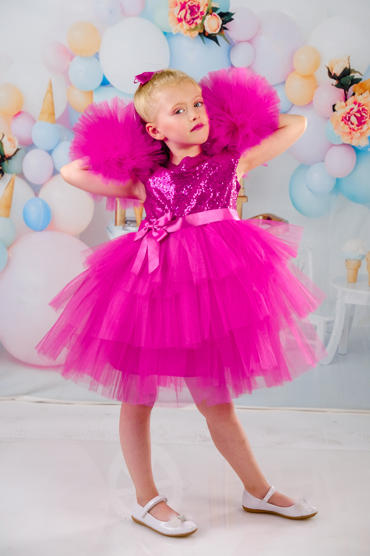Mixie-Girl's Fusya Buckle Pompom Sleeves Evening Dress Party Birthday Dress 5