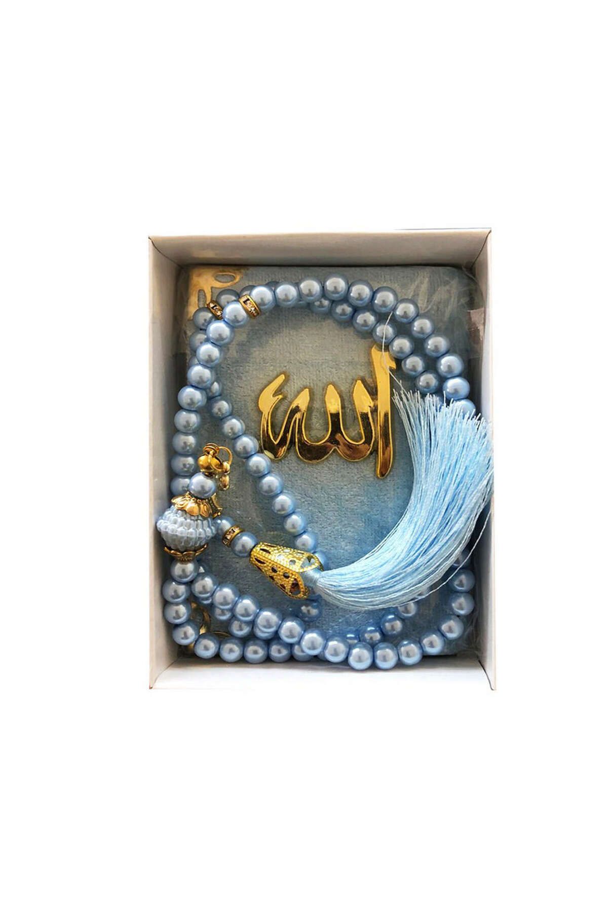 ZERO LAND - Kutulu Lüks Kadife Kaplı Yasin Ve Tesbih Seti 10x14 cm Mavi DRSTR