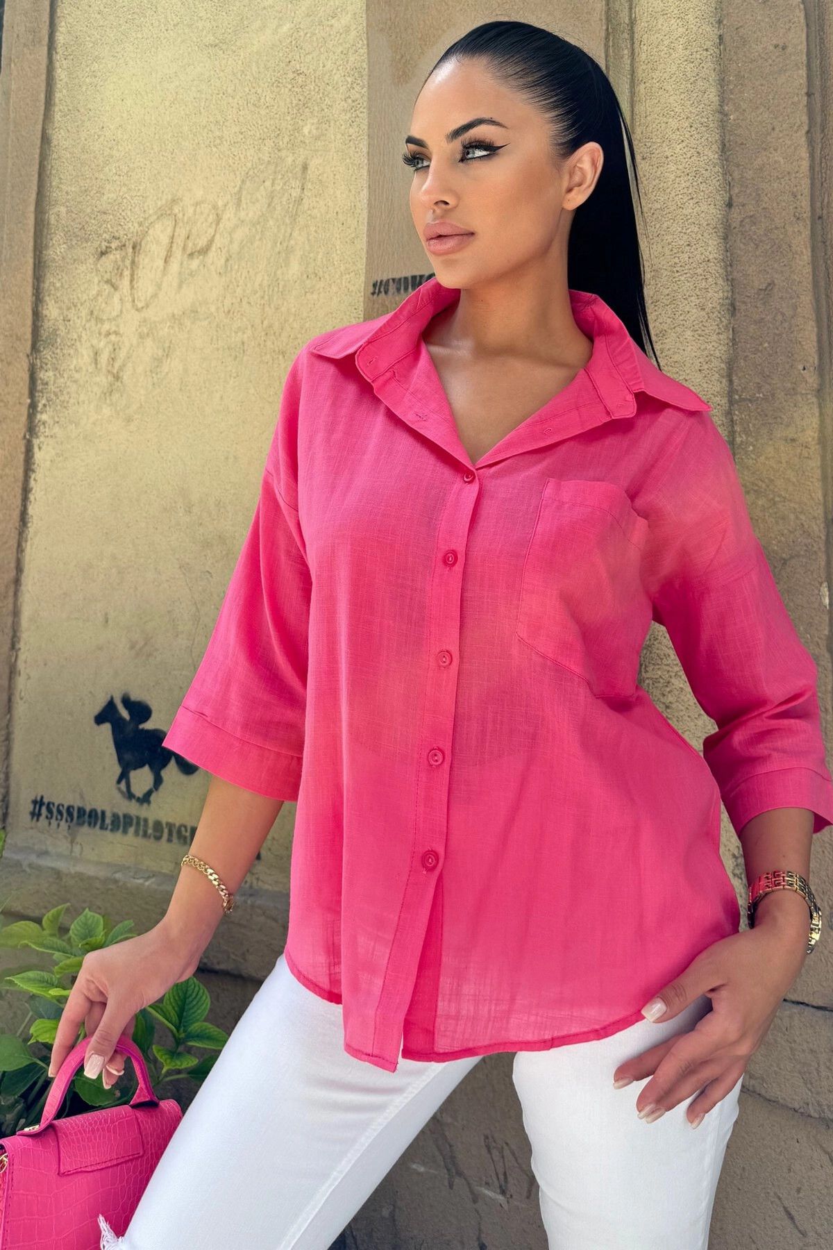 NEW LAVİVA-Fuchsia Linen Shirt - Three-Quarter Sleeve, Oval Cut, Anti-Sweat and Flame 1