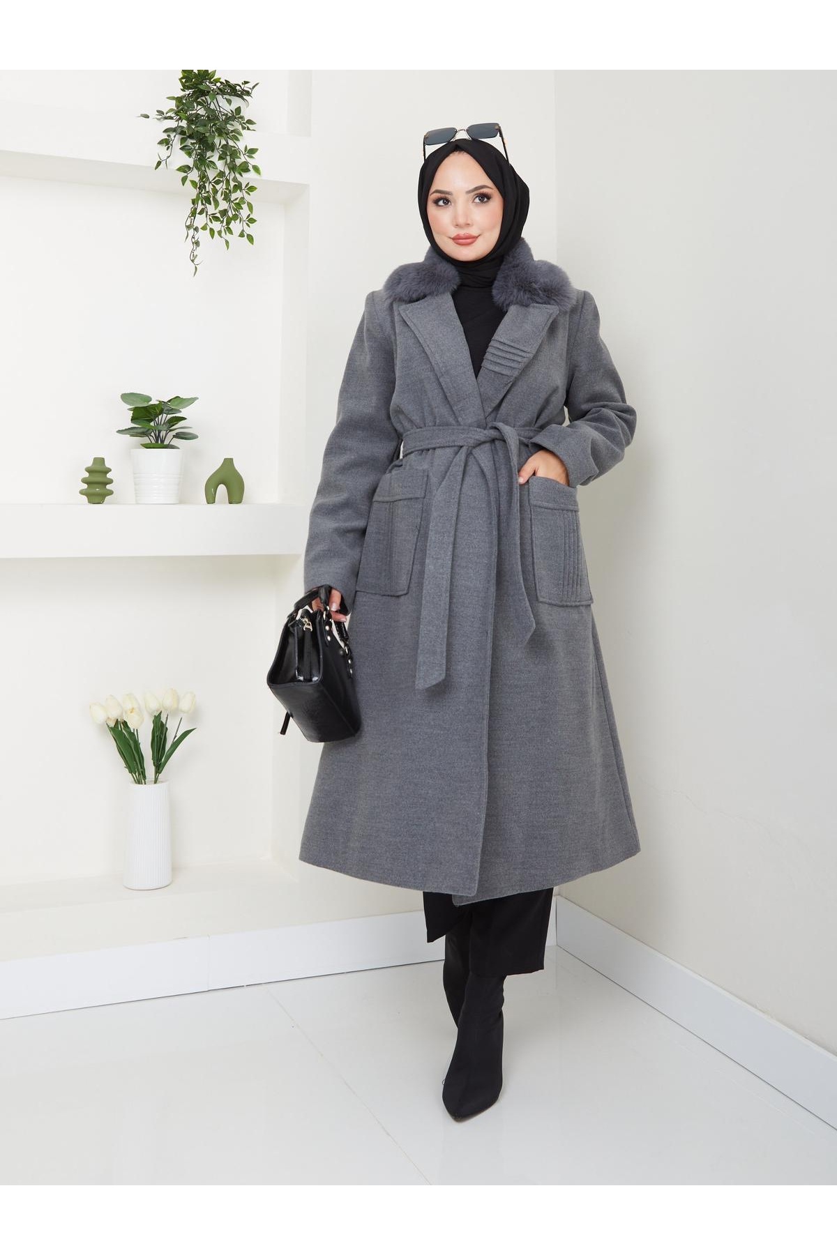ELBİSHE Kürk Detaylı Belden Bağlamalı Kaşe CK-1002 görsel 4