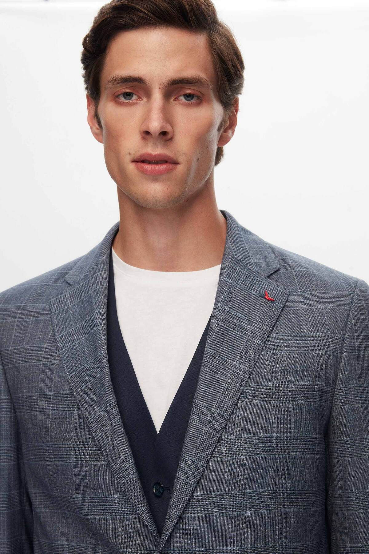 D'S Damat-Ds Damat Slim Fit Navy Blue Plaid Suit with Combination 3