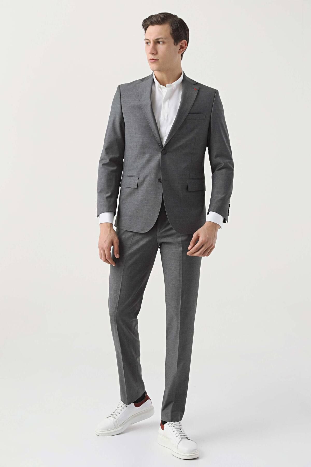 D'S Damat-Ds Damat Comfort Fit Gray Plain Mono Collar Wool Suit 1