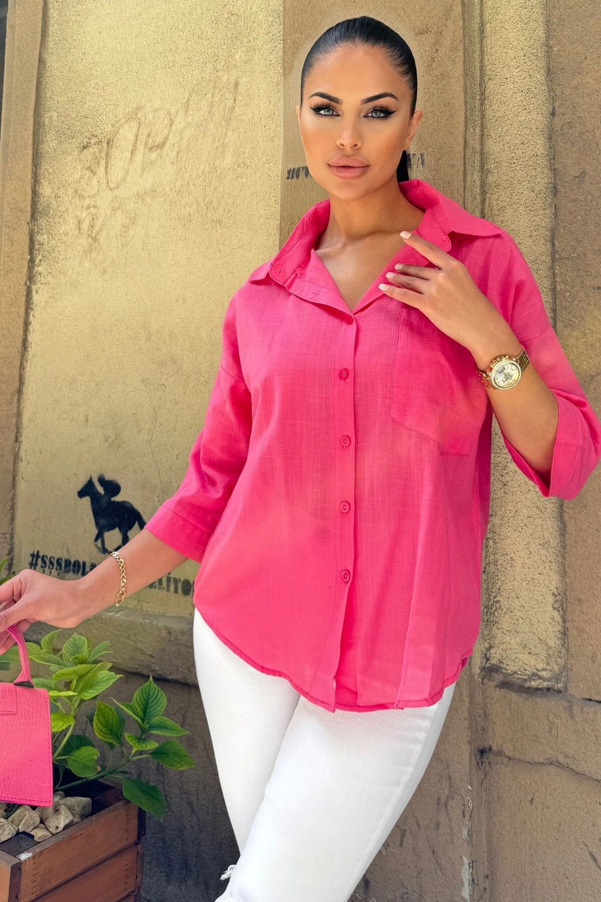 NEW LAVİVA-Fuchsia Linen Shirt - Three-Quarter Sleeve, Oval Cut, Anti-Sweat and Flame 6