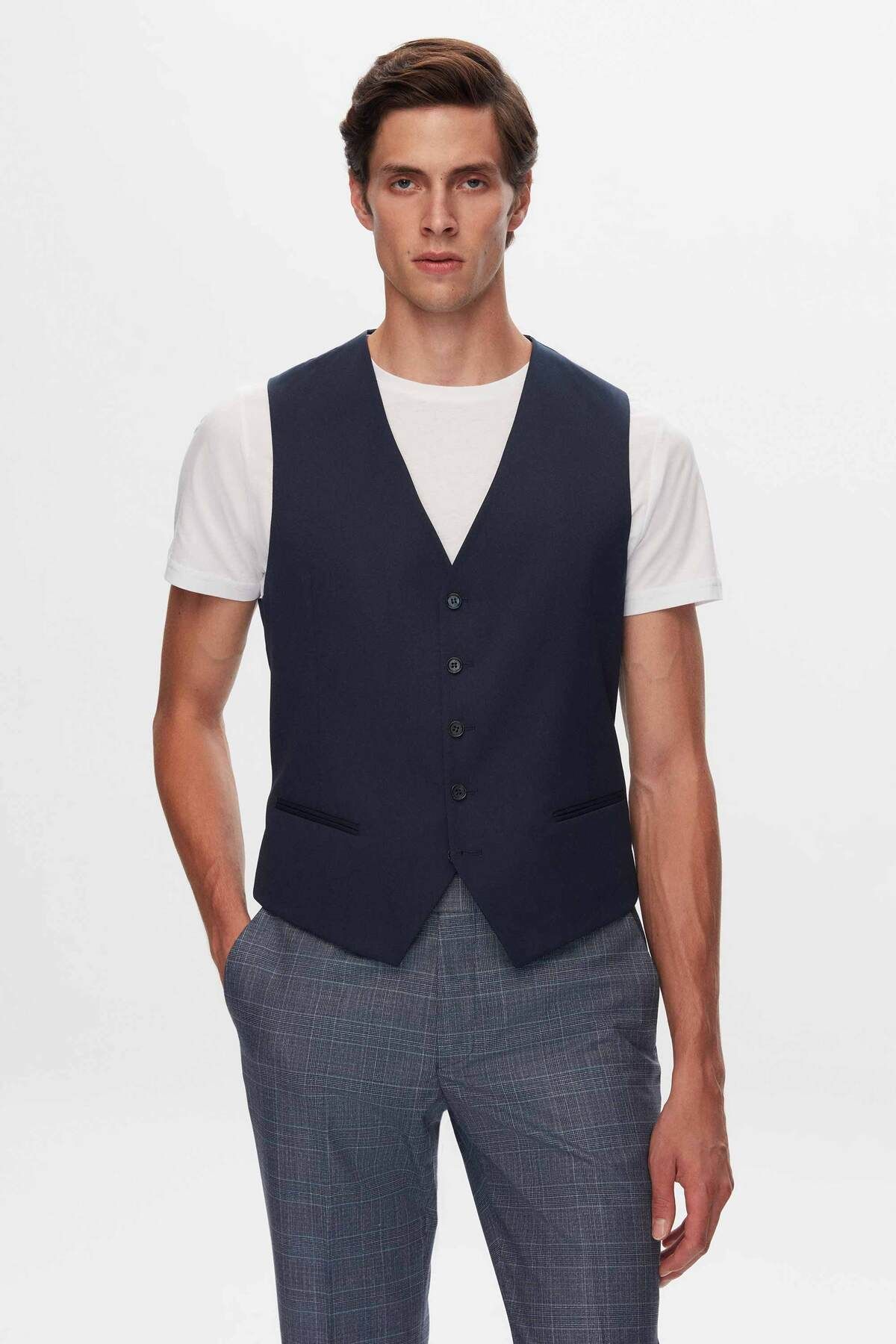 D'S Damat-Ds Damat Slim Fit Navy Blue Plaid Suit with Combination 6