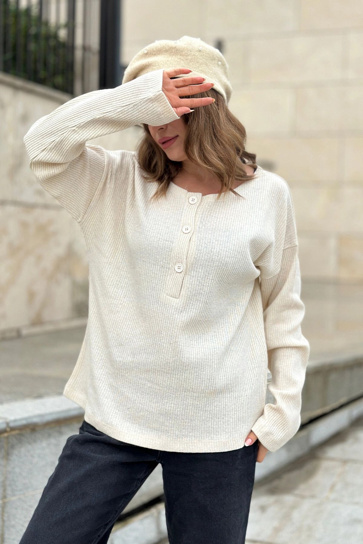 NEW LAVİVA-Women's Beige Soft Textured Buttoned Knitwear Sweater, Long Sleeve, Regular Fit, Standard Size 1