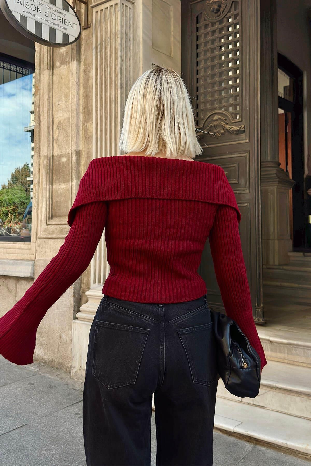 Swist-Burgundy Spanish Sleeve Degaje Collar Zipped Knitted Women's Knitwear Crop Sweater 5