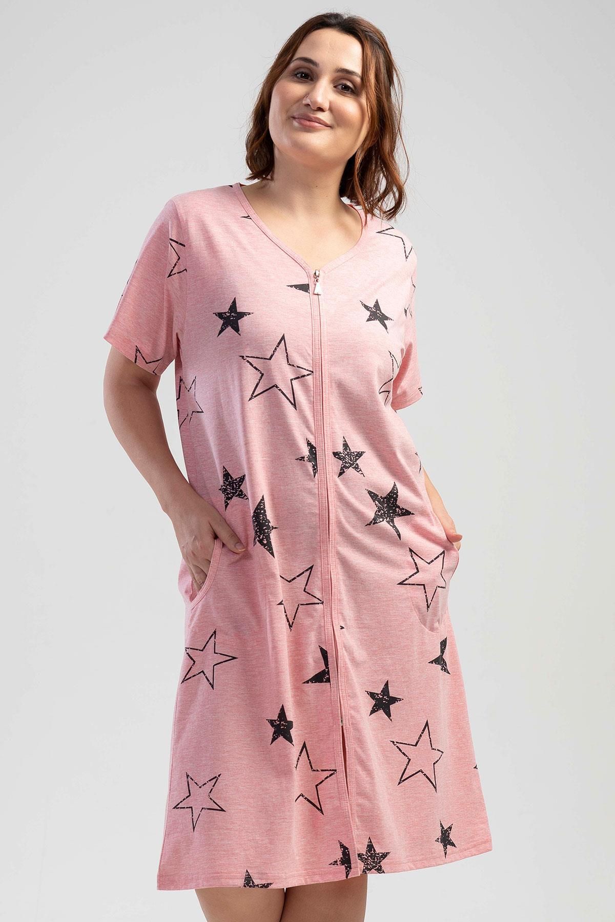 VİENETTA-Plus Size Zipped Rosebloom Home Dress - Short Sleeve C2T1N0O011 1