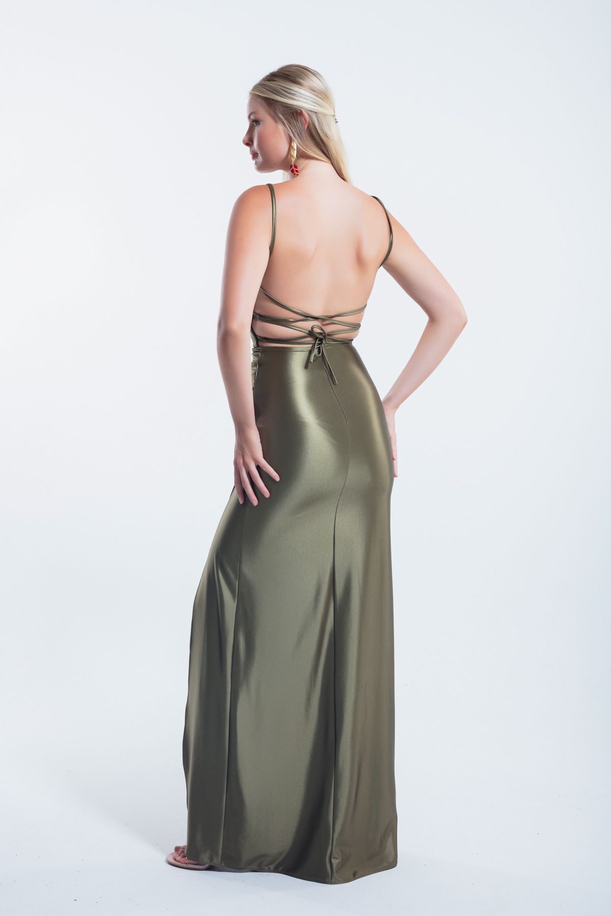 Lafaba-Khaki Colored Women's Evening Dress - Long Dress with Backless and Slit 5