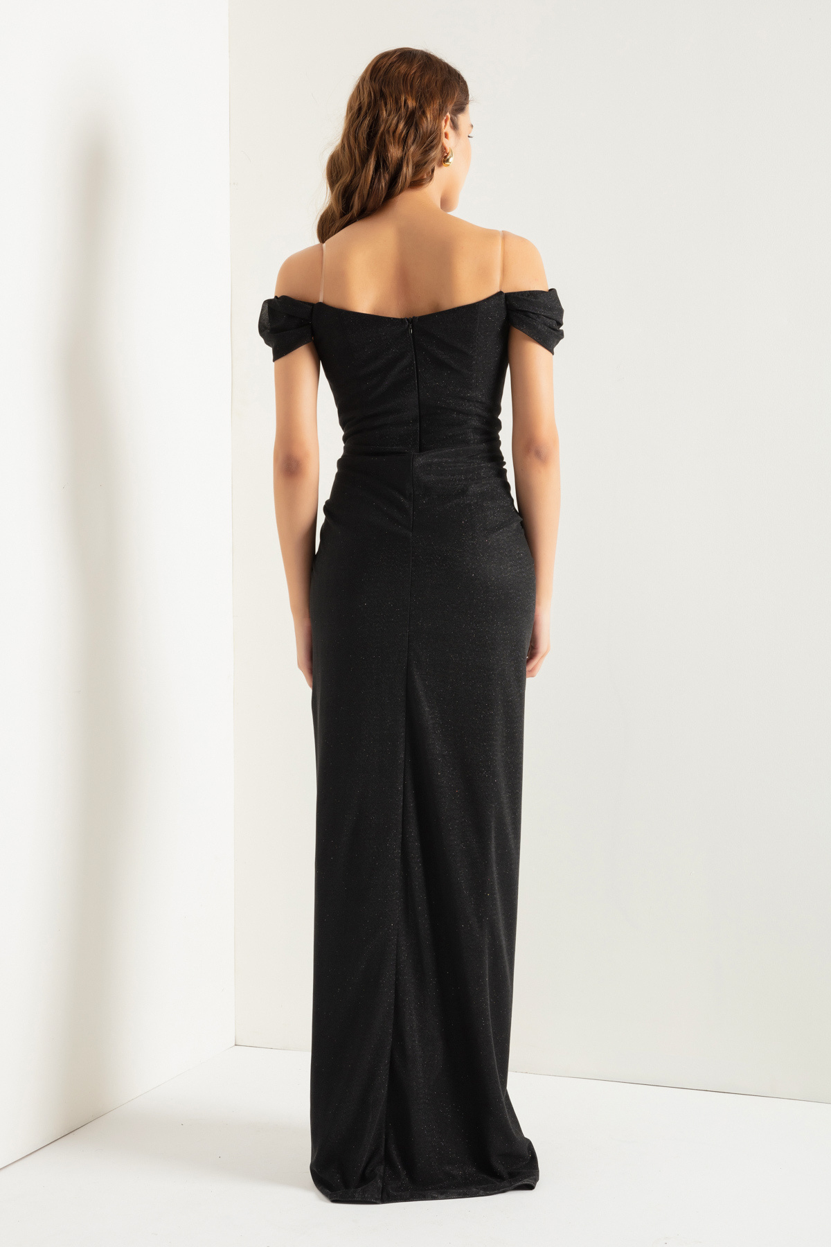 Lafaba-Women's Black Double Breasted Lined Long Silvery Evening Dress with Corset Detail 5