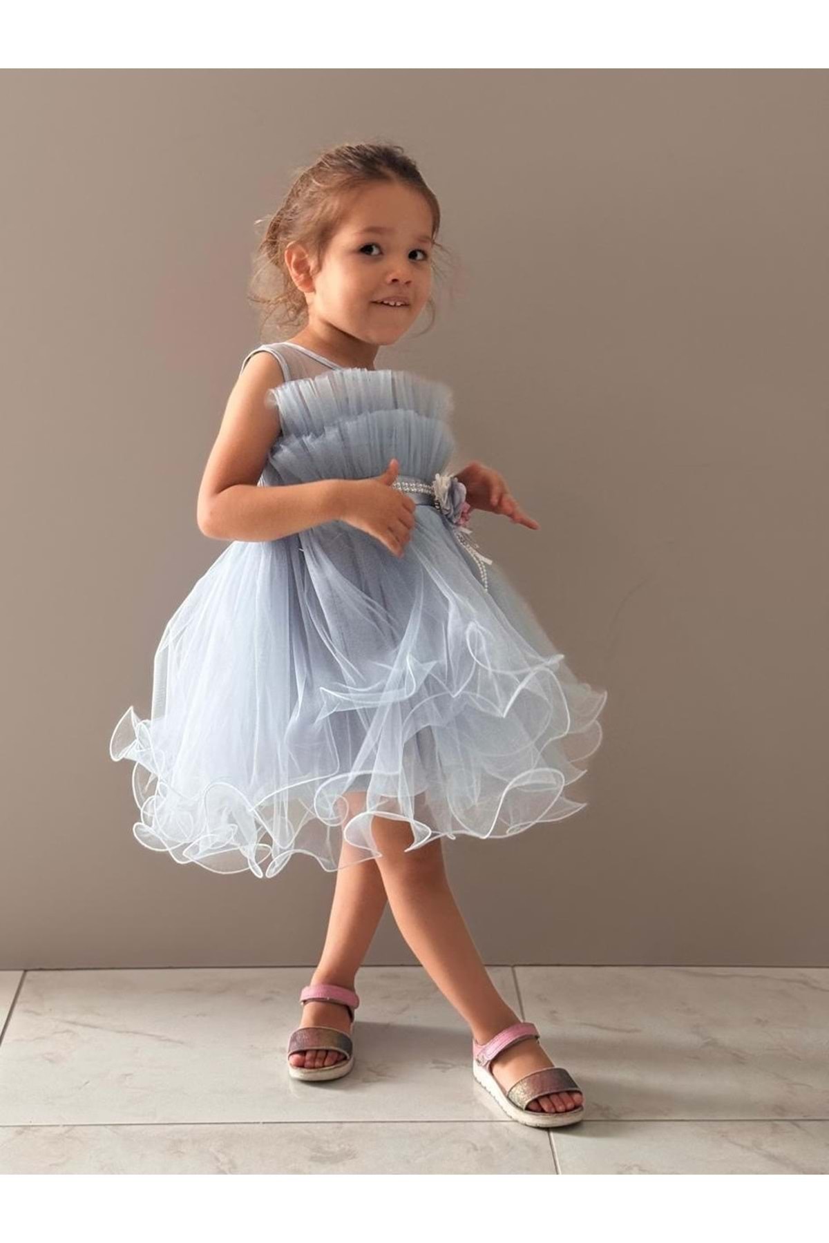 Mnk Baby&Kids Kız Çocuk Tütülü Vena Elbise MNK285 MAVİ fotoğrafı 3 (önizleme)