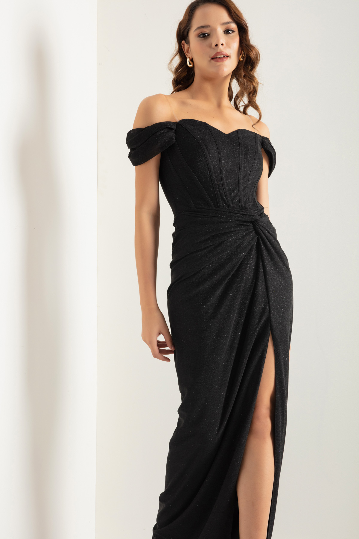 Lafaba-Women's Black Double Breasted Lined Long Silvery Evening Dress with Corset Detail 2