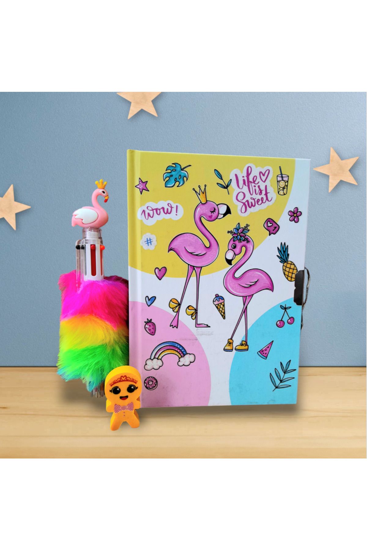 Flamingo Kilitli Defter-hatıra Ve Günlük Defteri- Flamingo Tüylü 6 Renkli Tükenmez Kalem Seti