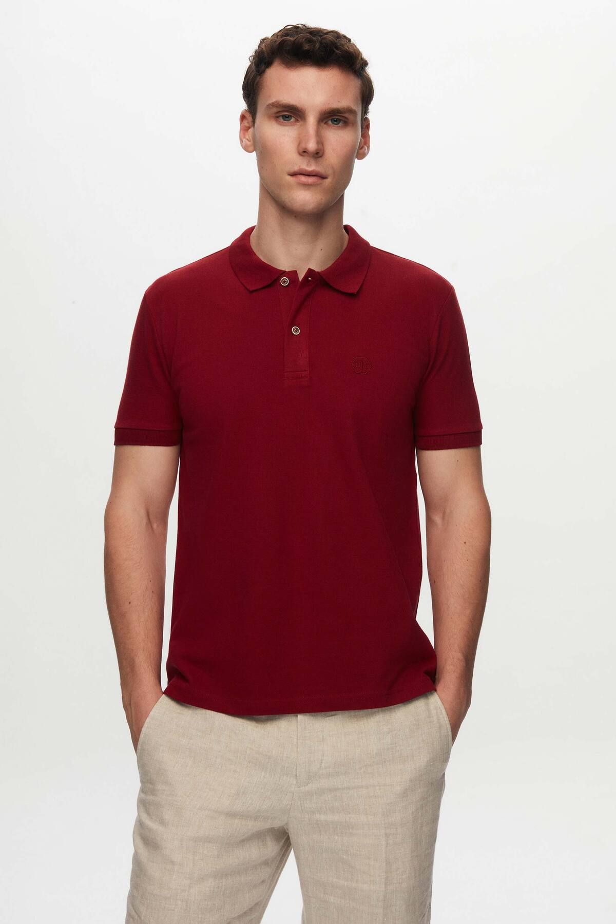 D'S Damat Regular Fit Bordo Pike Dokulu %100 Pamuk Kıvrılmaz Polo Yaka Nakışlı T-shirt