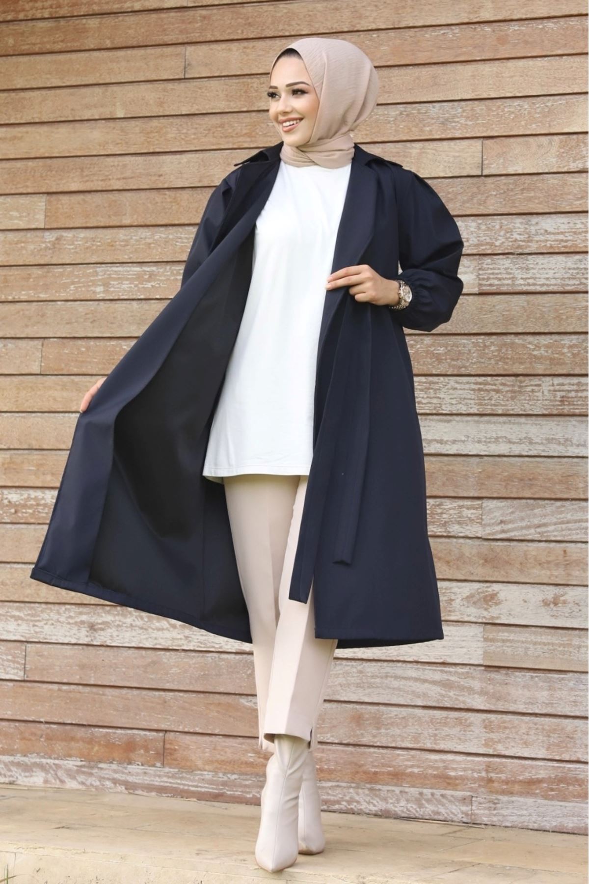 ALNİSS COLLECTİON Belden Bağlamalı Balon Kol Kadın Trenç görsel 2