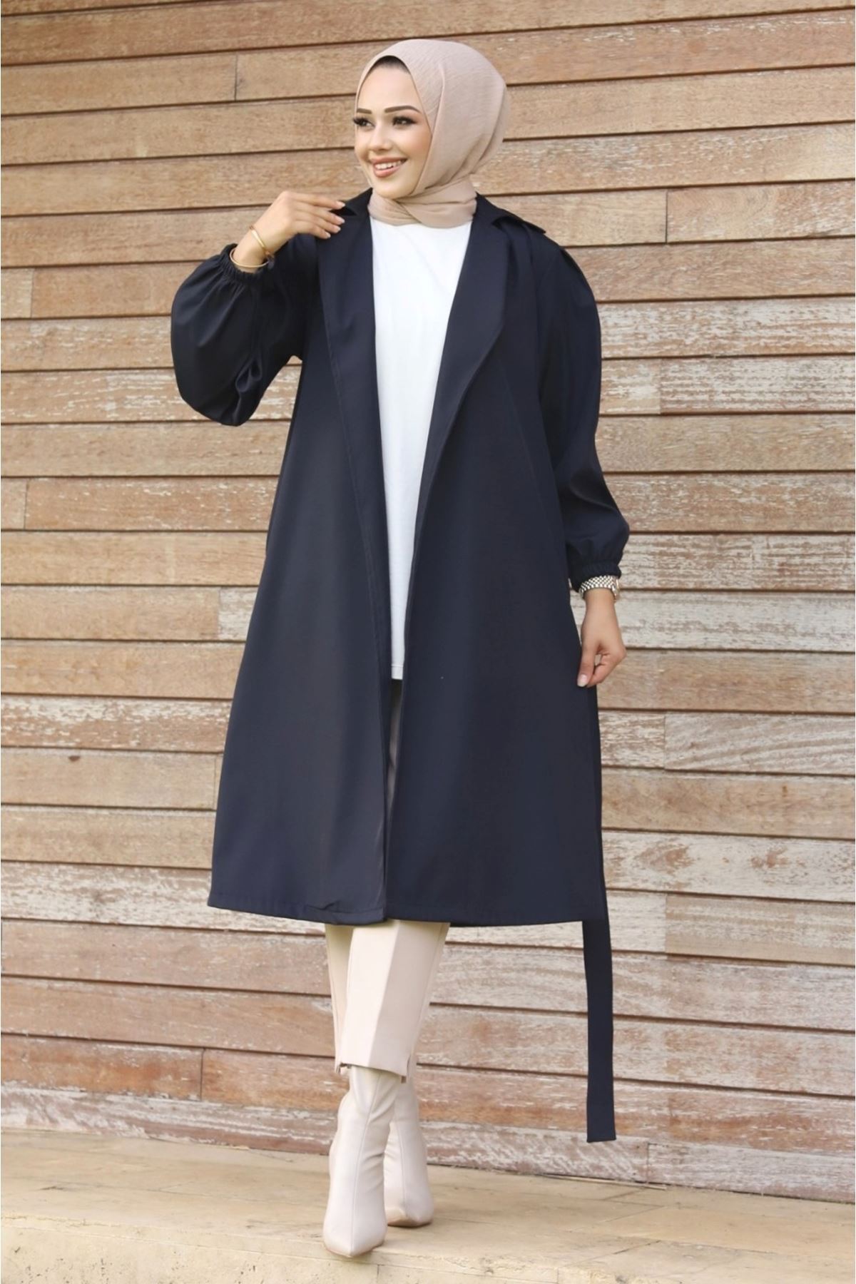 ALNİSS COLLECTİON Belden Bağlamalı Balon Kol Kadın Trenç görsel 5